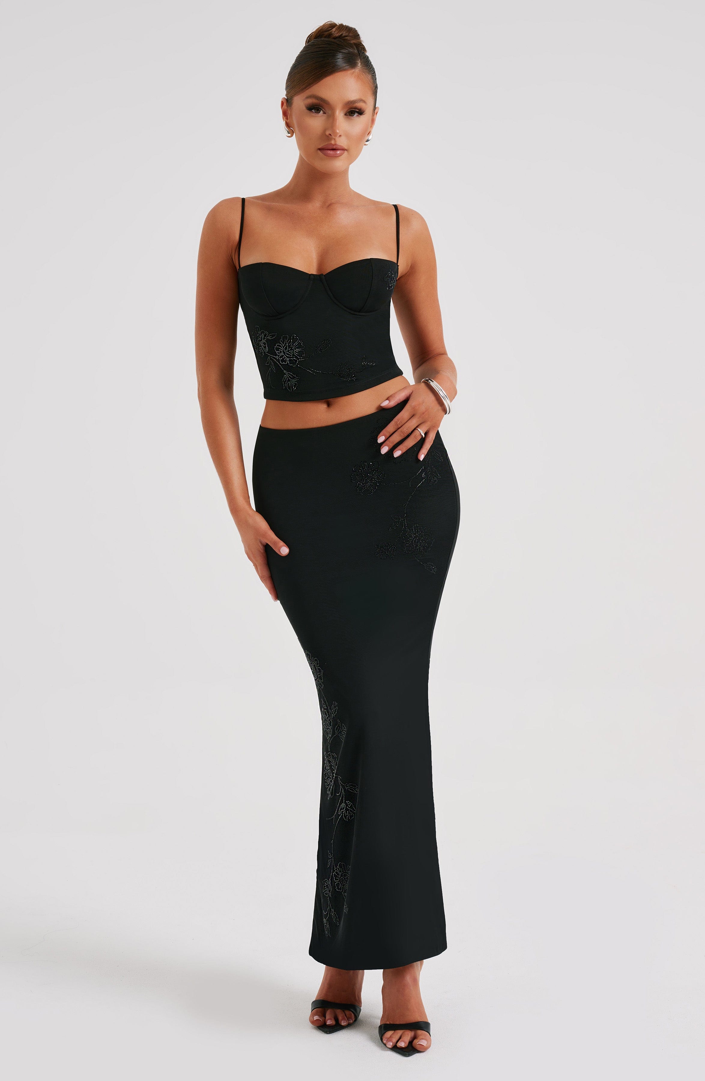Izi Black Corset Top with Rhinestone Flower Detail