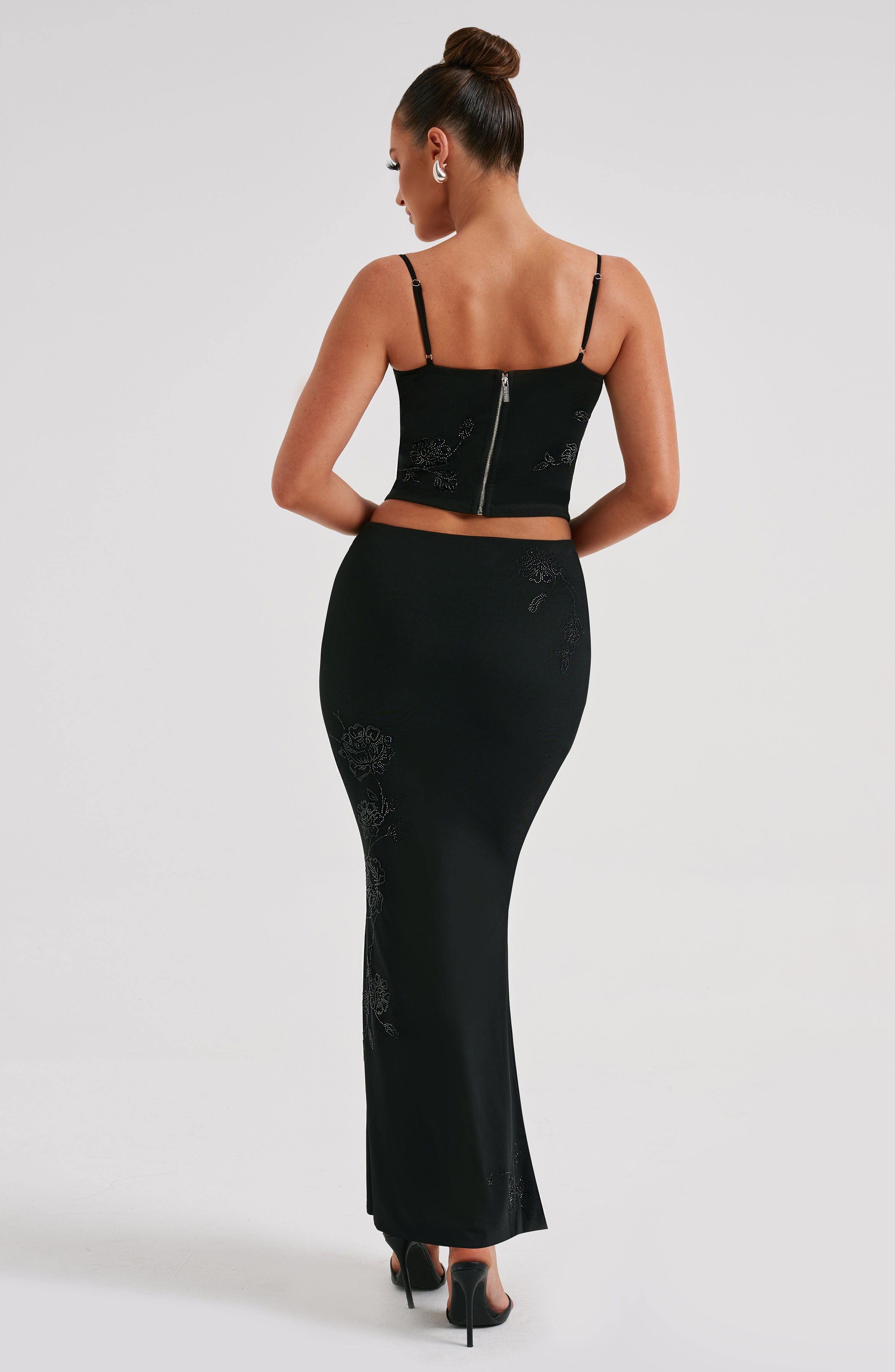 Izi Black Corset Top with Rhinestone Flower Detail