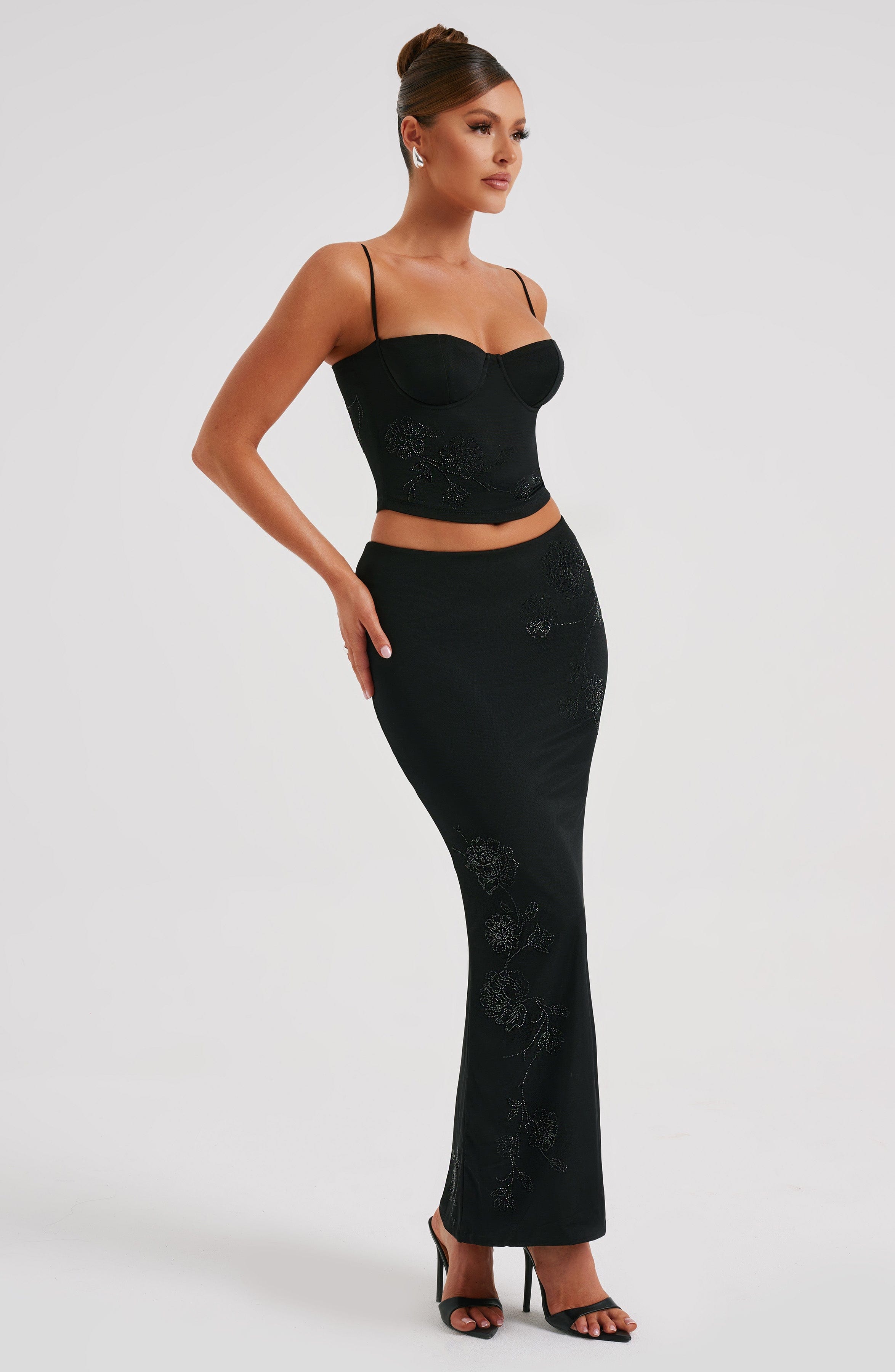 Izi Black Corset Top with Rhinestone Flower Detail