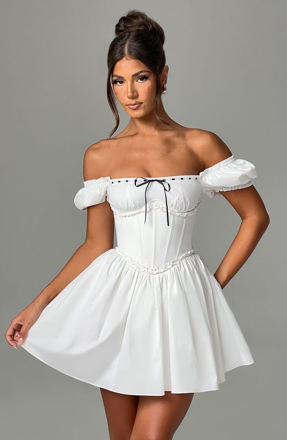 Penelope Mini Dress with Puffed Sleeves & Snatched Waist - Black/White