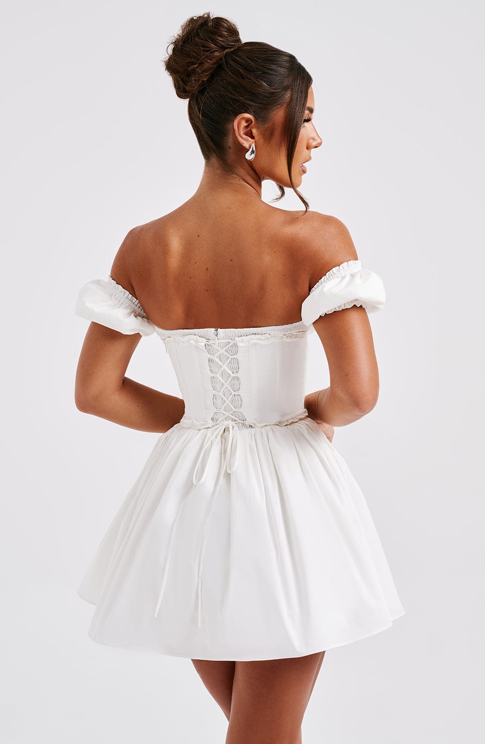Penelope Mini Dress with Puffed Sleeves & Snatched Waist - Black/White