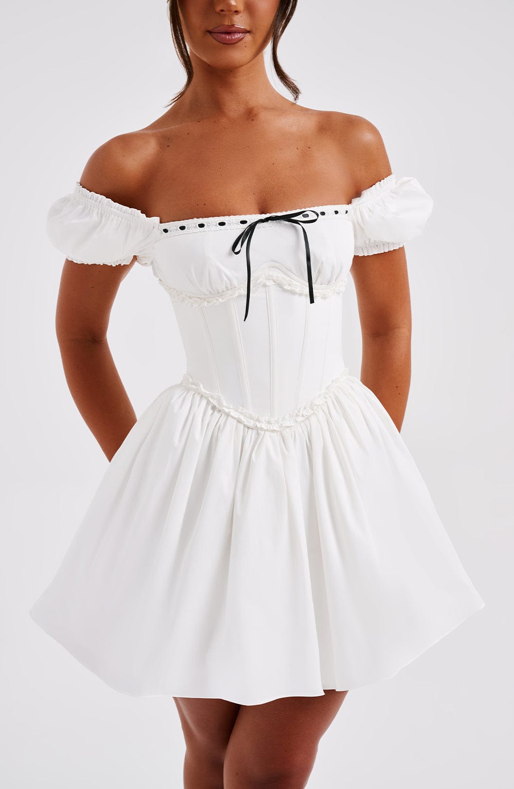 Penelope Mini Dress with Puffed Sleeves & Snatched Waist - Black/White