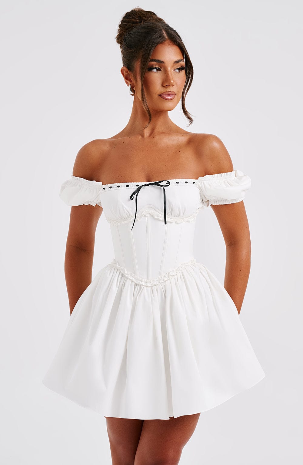 Penelope Mini Dress with Puffed Sleeves & Snatched Waist - Black/White