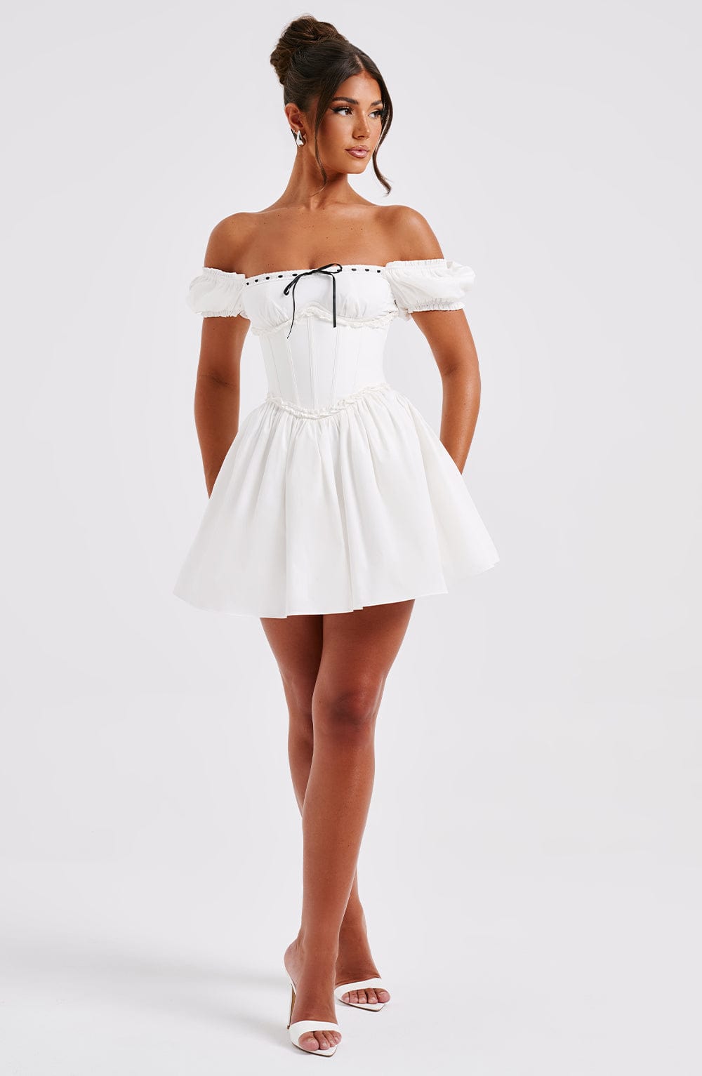 Penelope Mini Dress with Puffed Sleeves & Snatched Waist - Black/White