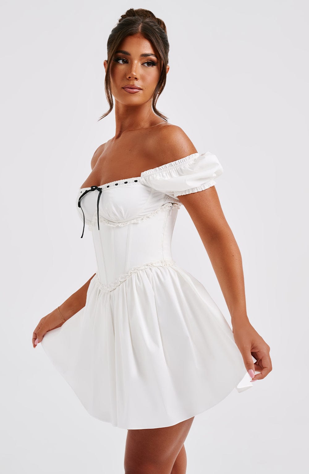 Penelope Mini Dress with Puffed Sleeves & Snatched Waist - Black/White