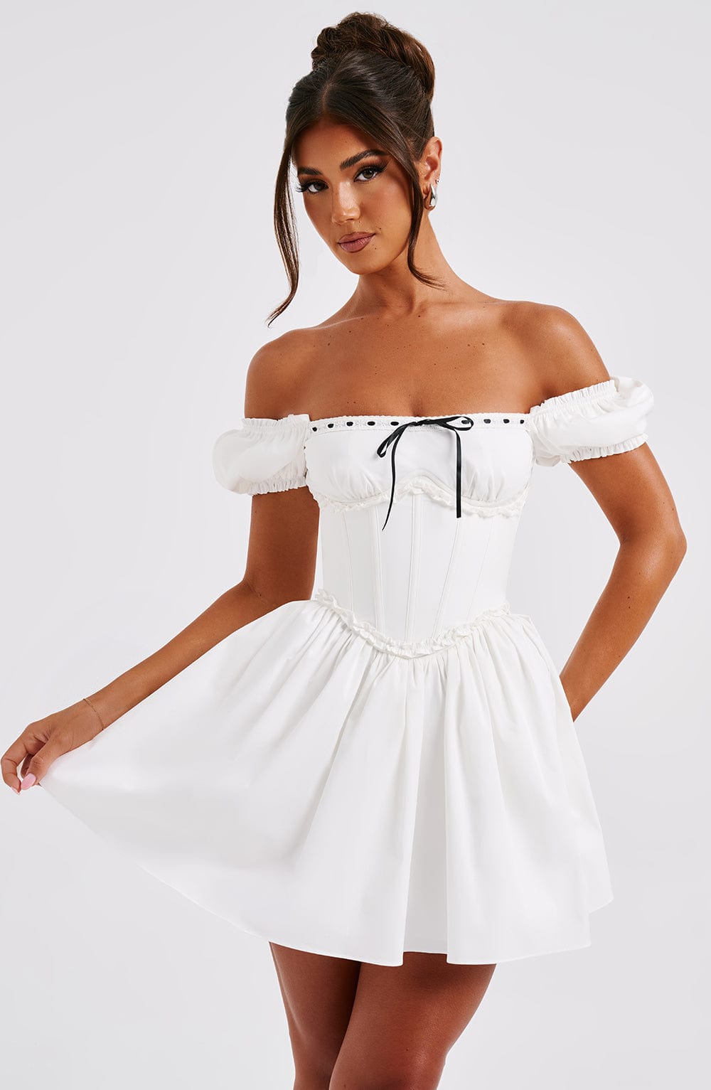 Penelope Mini Dress with Puffed Sleeves & Snatched Waist - Black/White