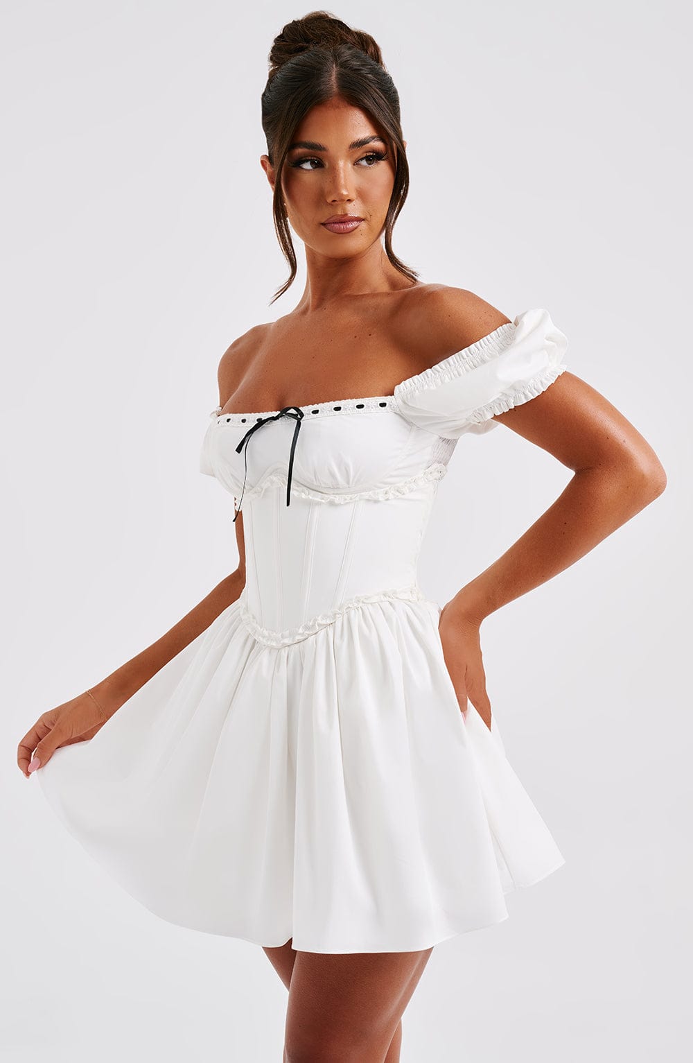 Penelope Mini Dress with Puffed Sleeves & Snatched Waist - Black/White