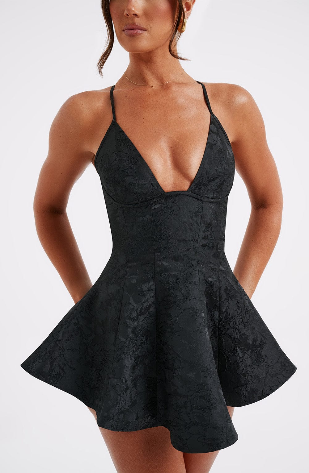 Black Floral Jacquard Leila Playsuit with Plunge Neck & Flared Shorts