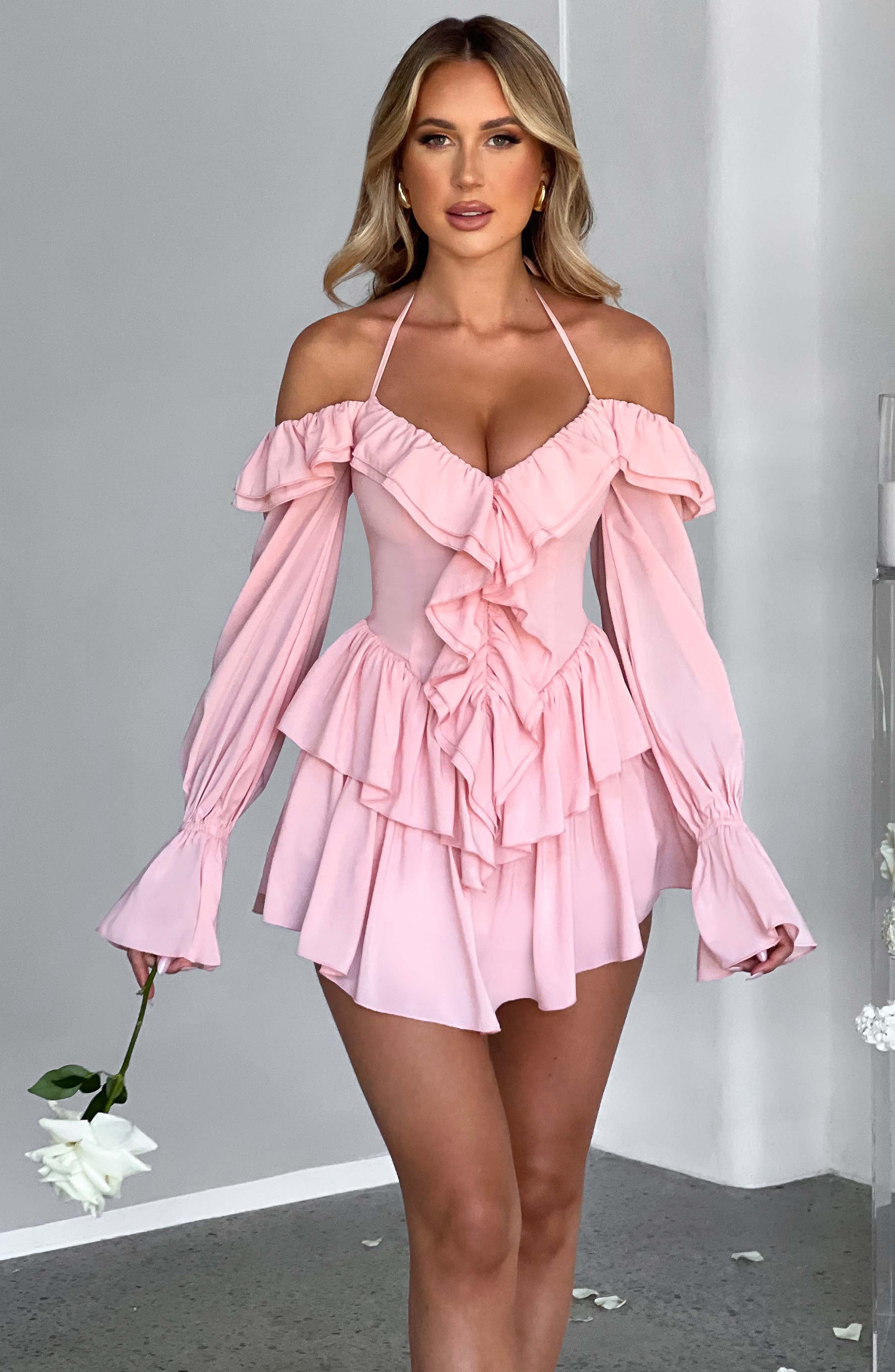 Pink Savanna Playsuit with Ruffle Details & Halterneck Tie