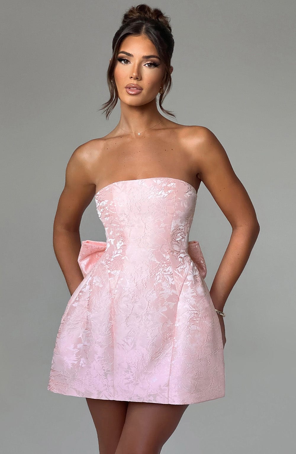 Elenora Strapless Mini Dress with Bow - Blush Jacquard