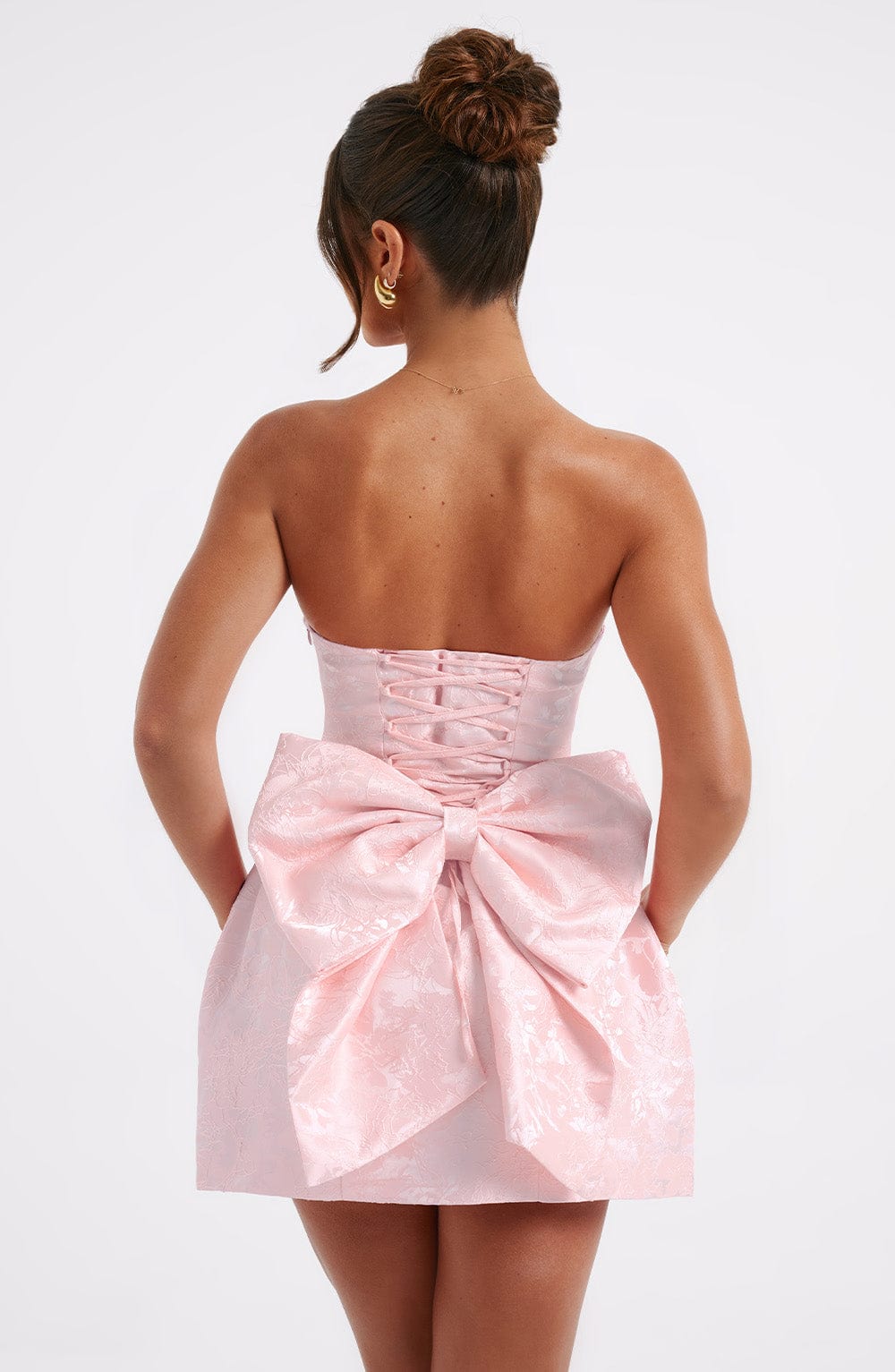 Elenora Strapless Mini Dress with Bow - Blush Jacquard
