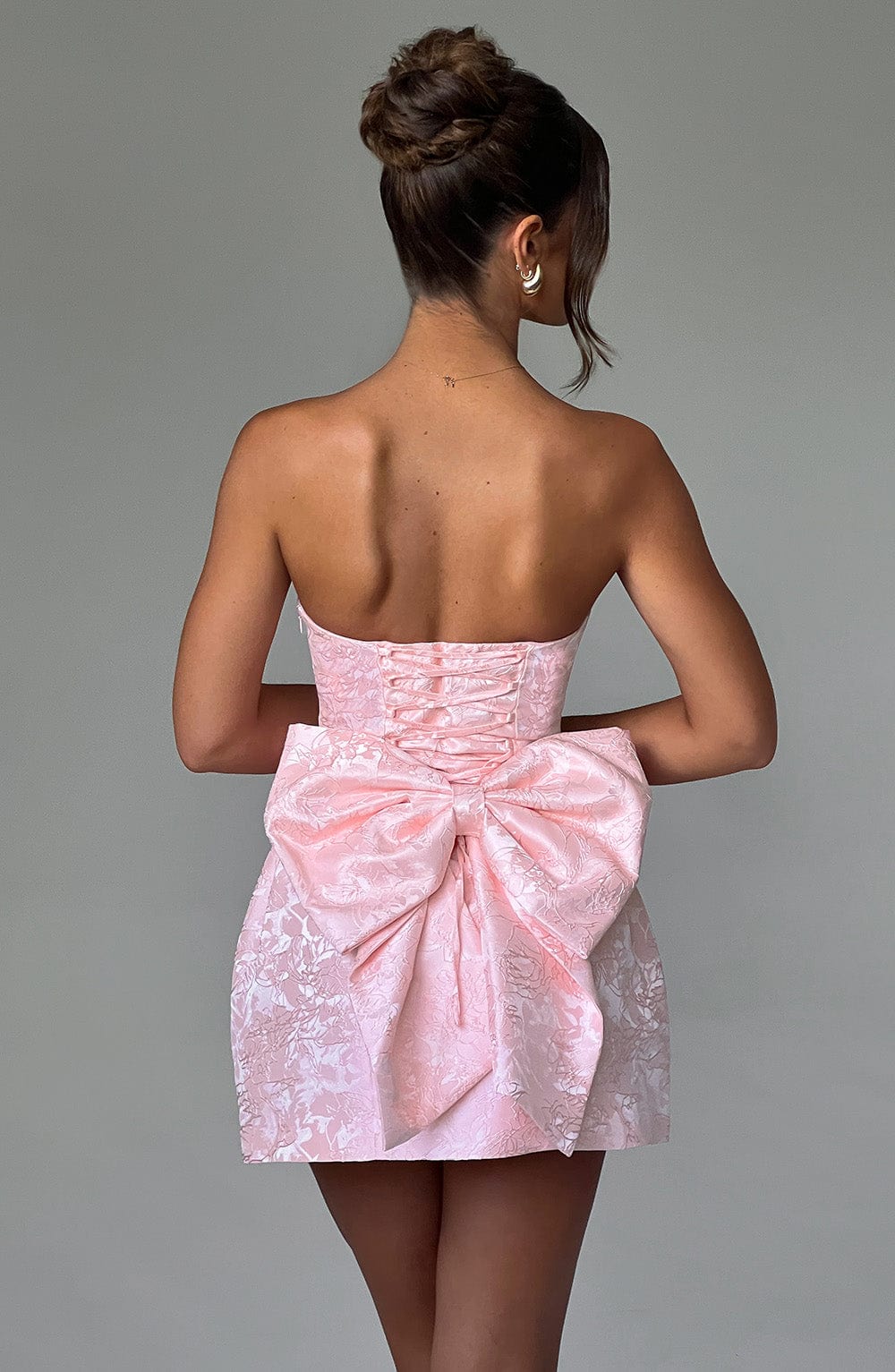 Elenora Strapless Mini Dress with Bow - Blush Jacquard