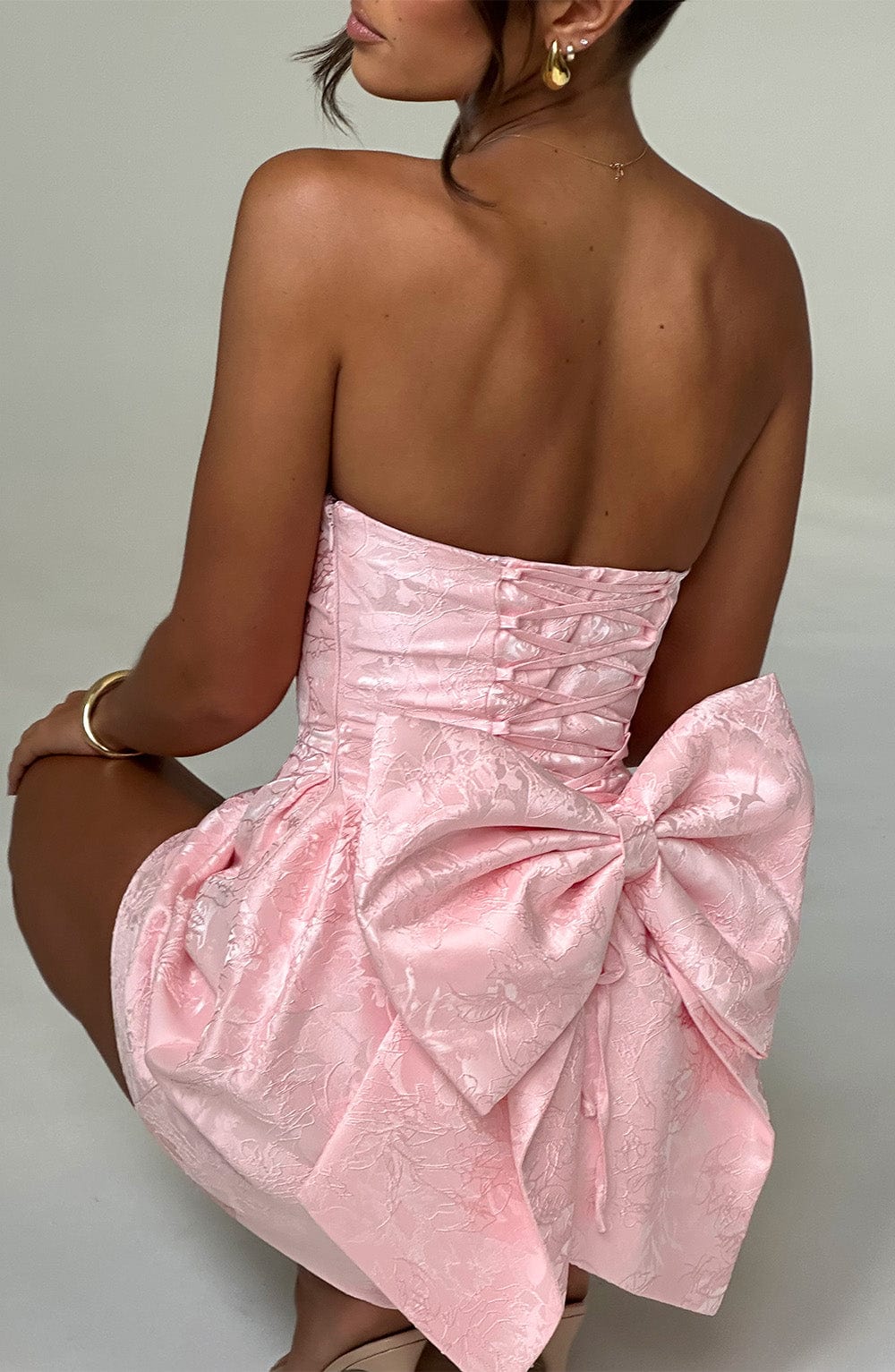 Elenora Strapless Mini Dress with Bow - Blush Jacquard