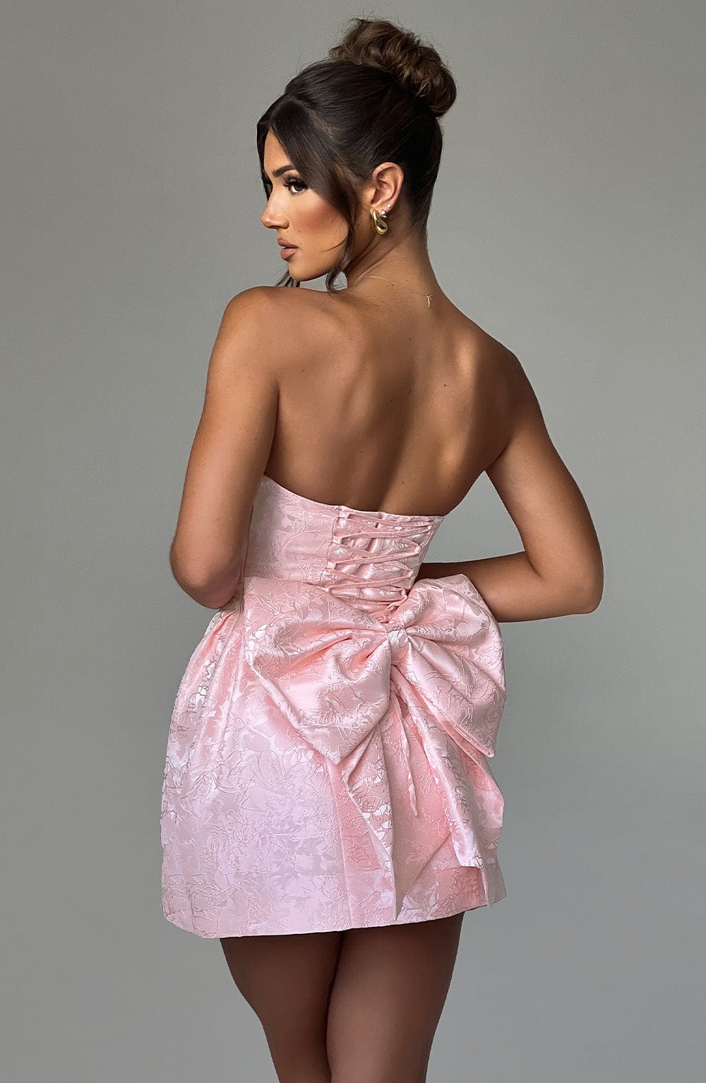 Elenora Strapless Mini Dress with Bow - Blush Jacquard