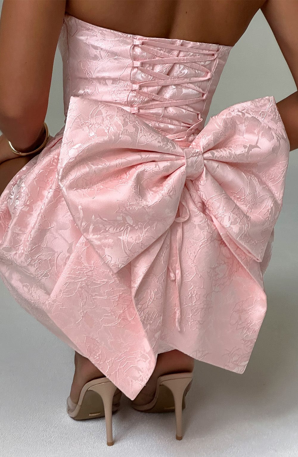 Elenora Strapless Mini Dress with Bow - Blush Jacquard