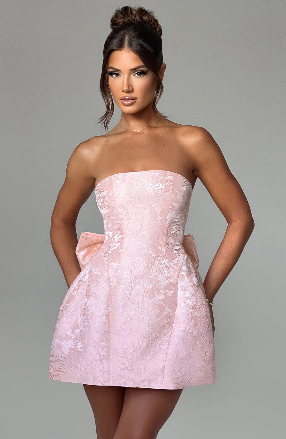 Elenora Strapless Mini Dress with Bow - Blush Jacquard