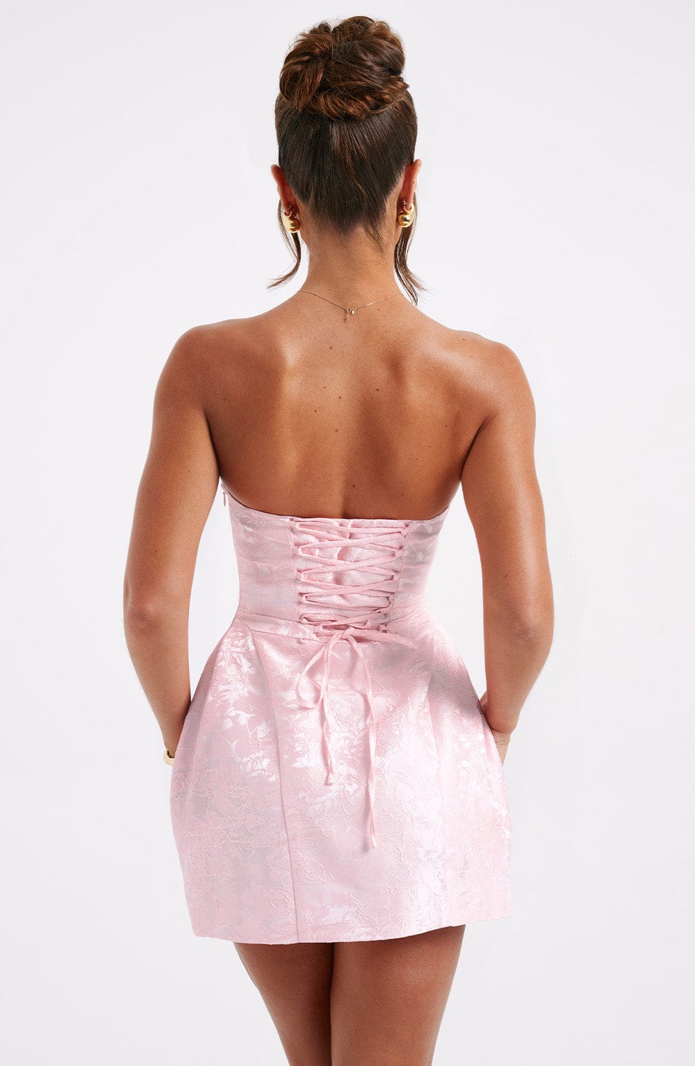 Elenora Strapless Mini Dress with Bow - Blush Jacquard