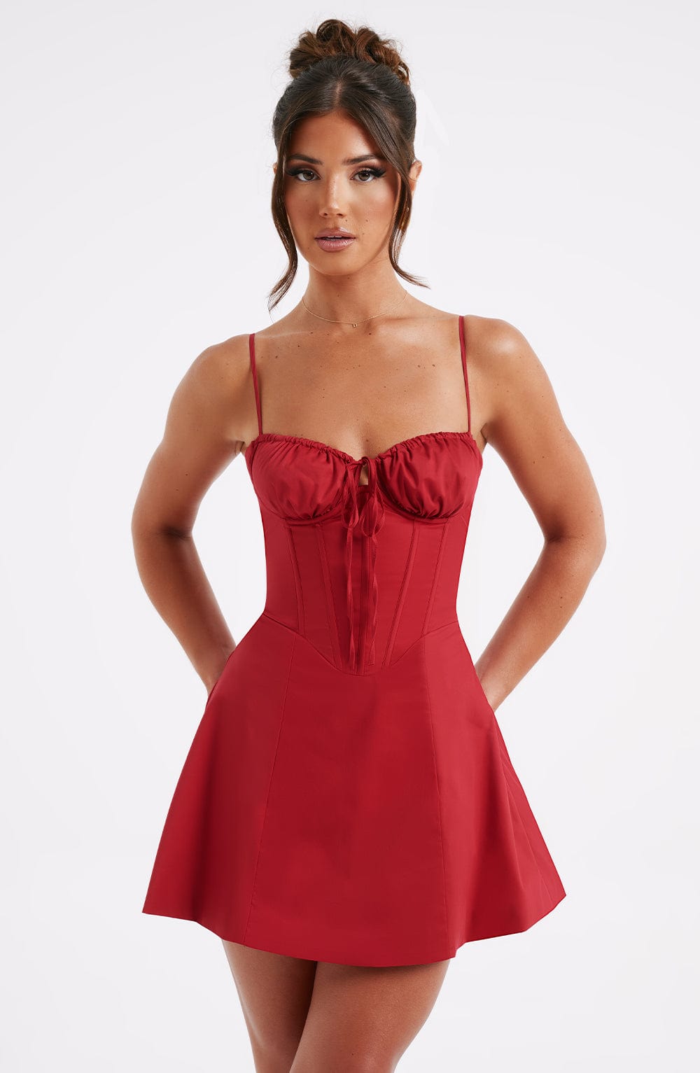 Red Lace Corset Mini Dress with Bow Detail – Premium Cotton