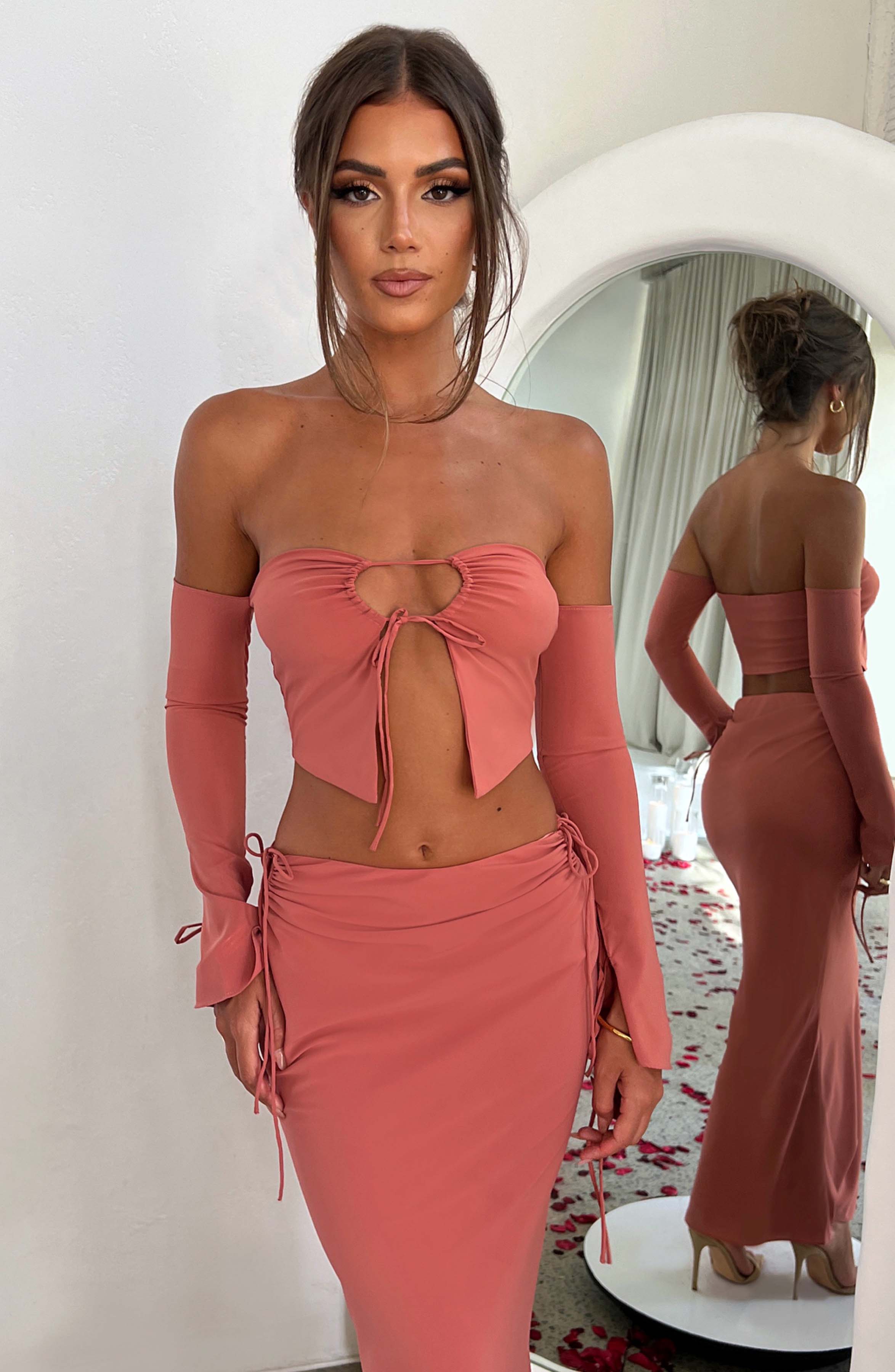 Rose Pink Georgette Satin Off-Shoulder Tana Top with Tie Detail