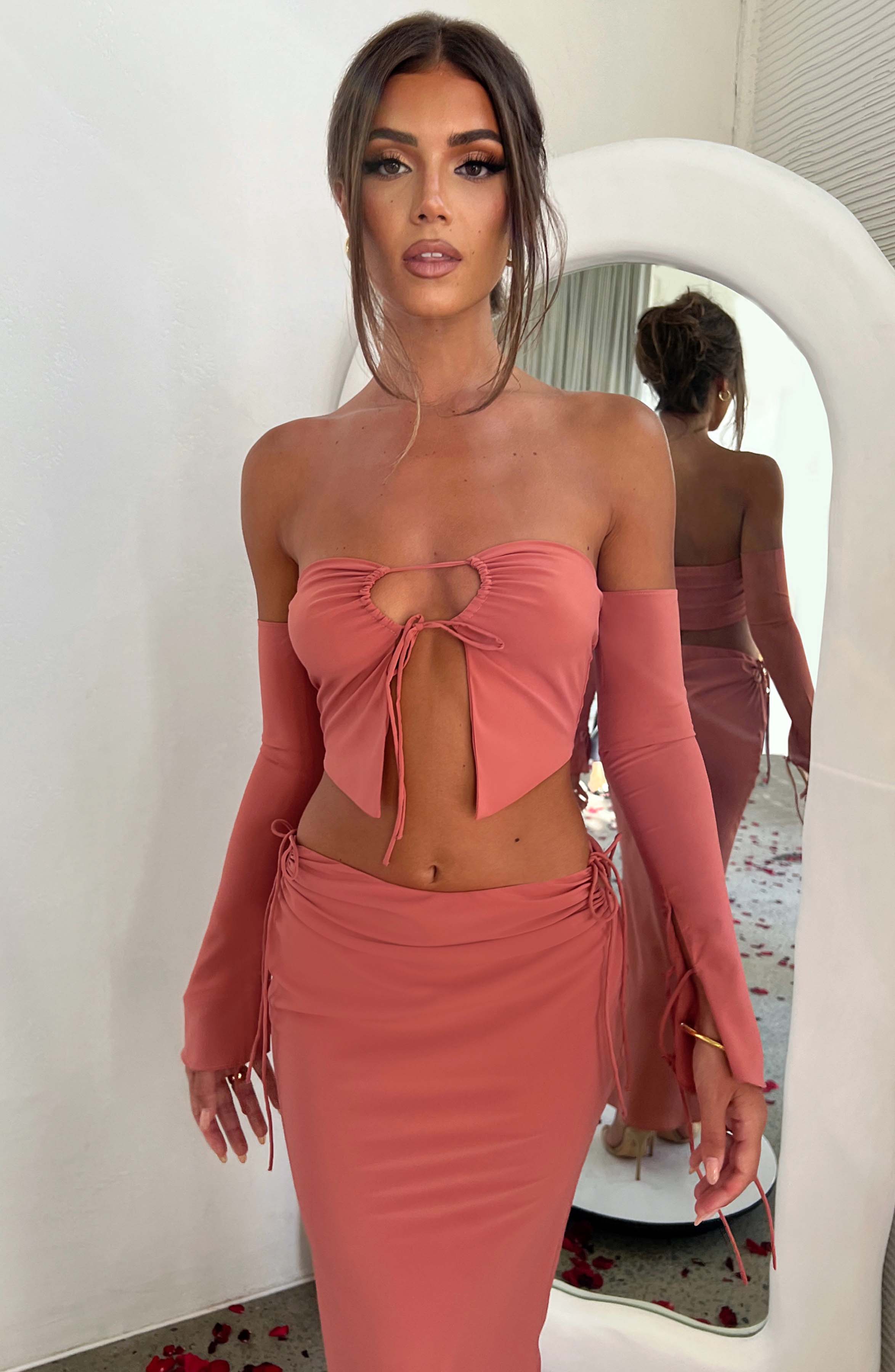 Rose Pink Georgette Satin Off-Shoulder Tana Top with Tie Detail