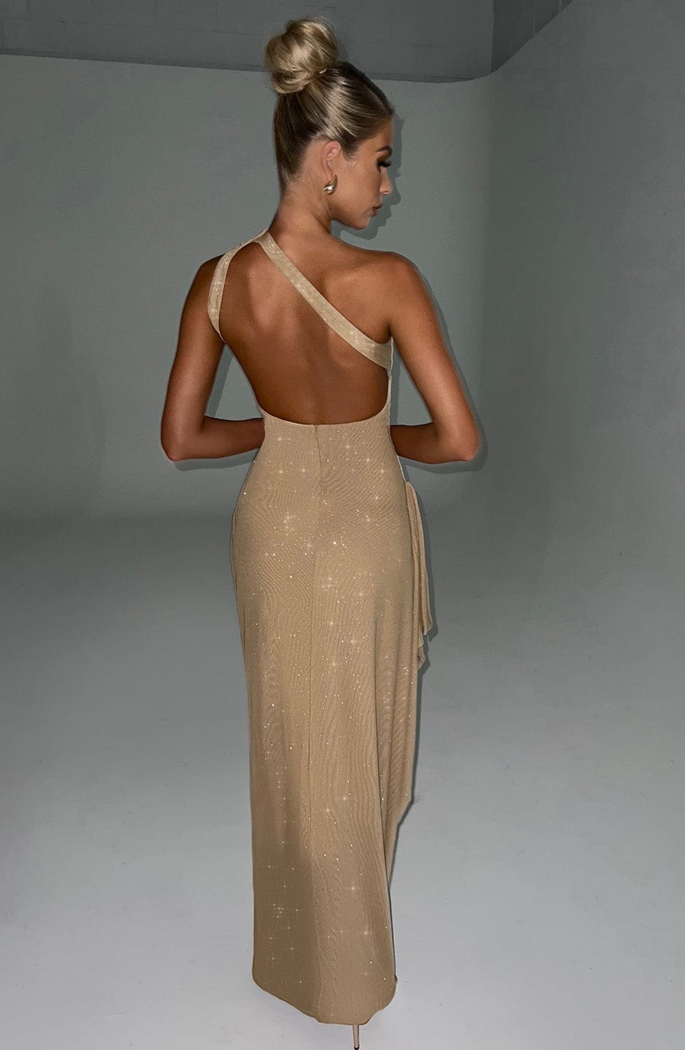 Genevieve Gold Sparkle Maxi Dress with Thigh Split & Backless
