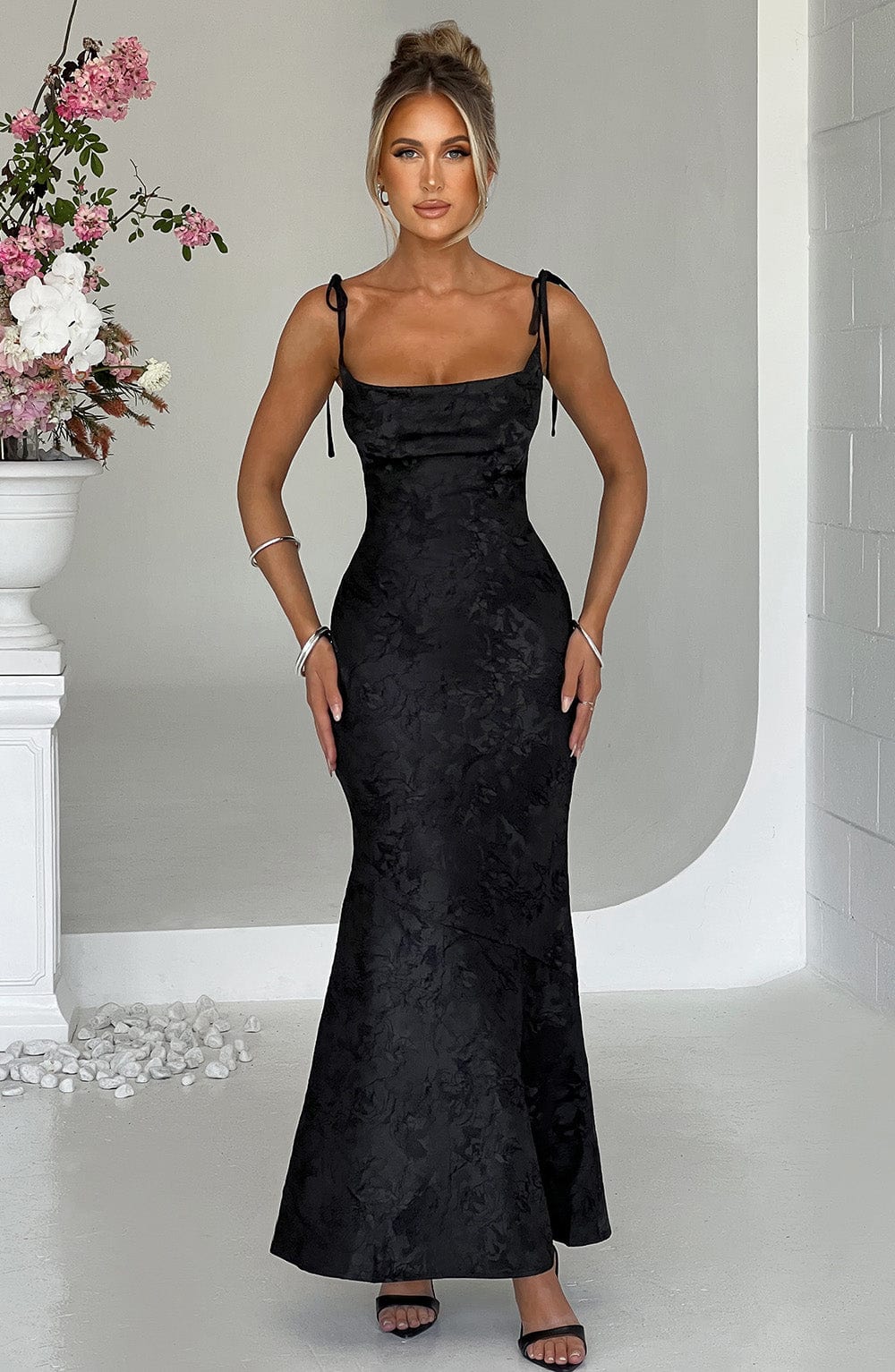 Whitney Floral Jacquard Maxi Dress - Black Cowl Neck