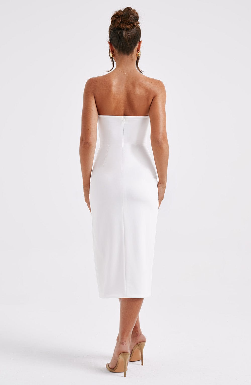 Emmaline Strapless Midi Dress - Ivory Stretch Crepe with Thigh Split