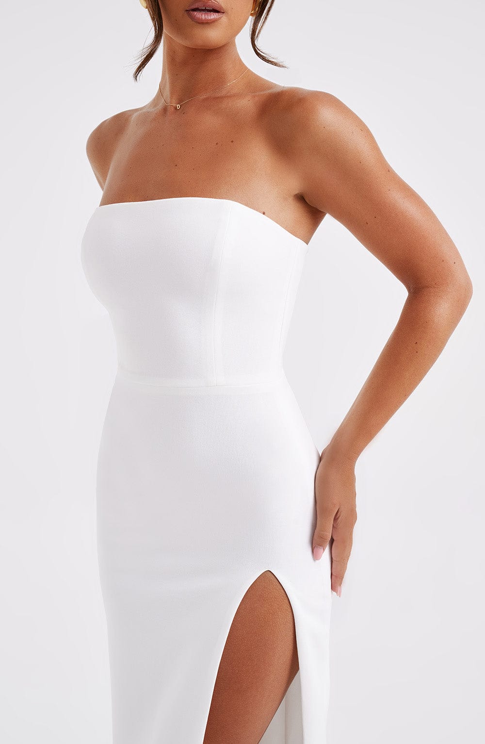 Emmaline Strapless Midi Dress - Ivory Stretch Crepe with Thigh Split