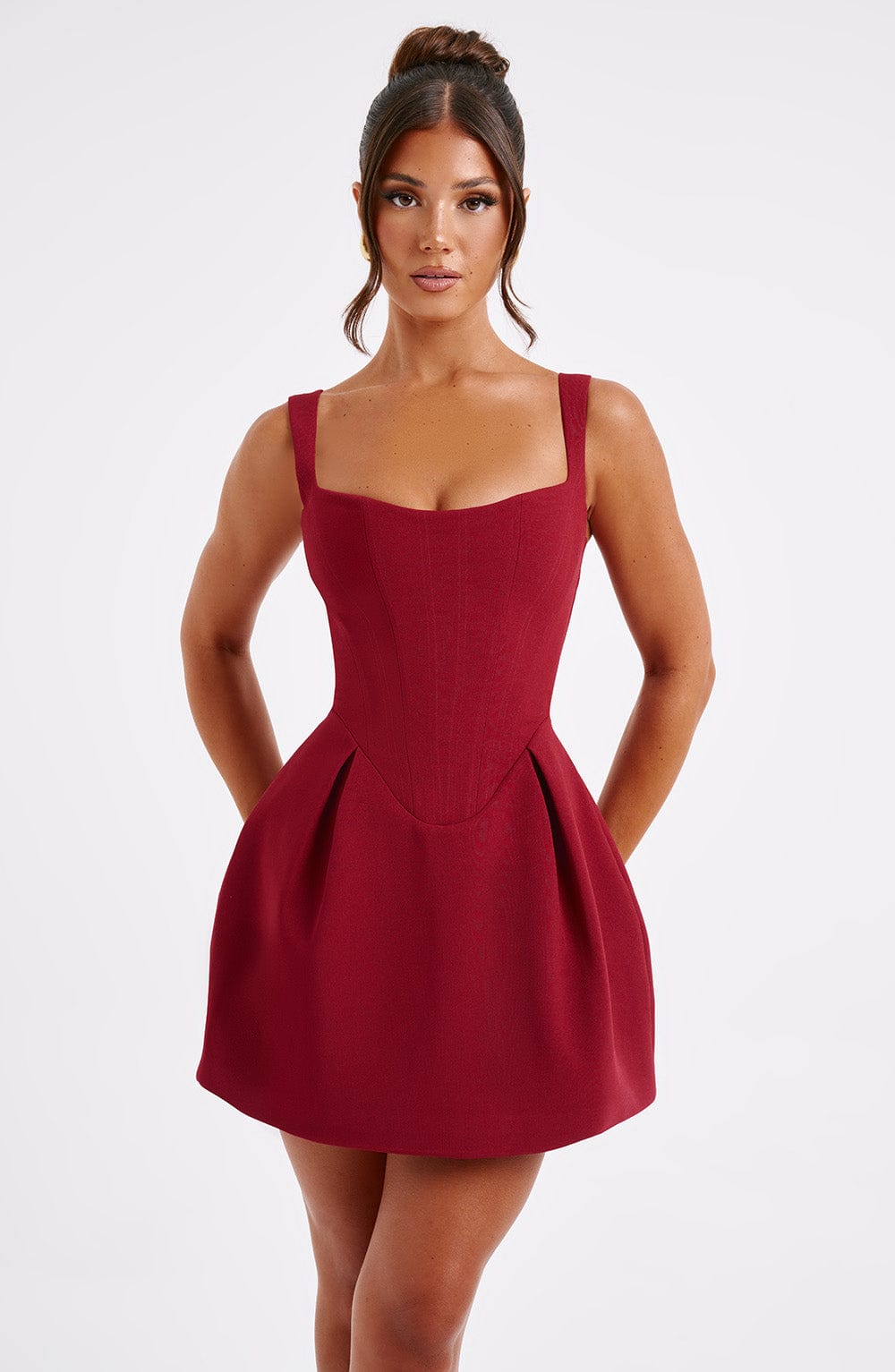 Janiyah Corset Mini Dress - Wine Party Dress with Voluminous Skirt
