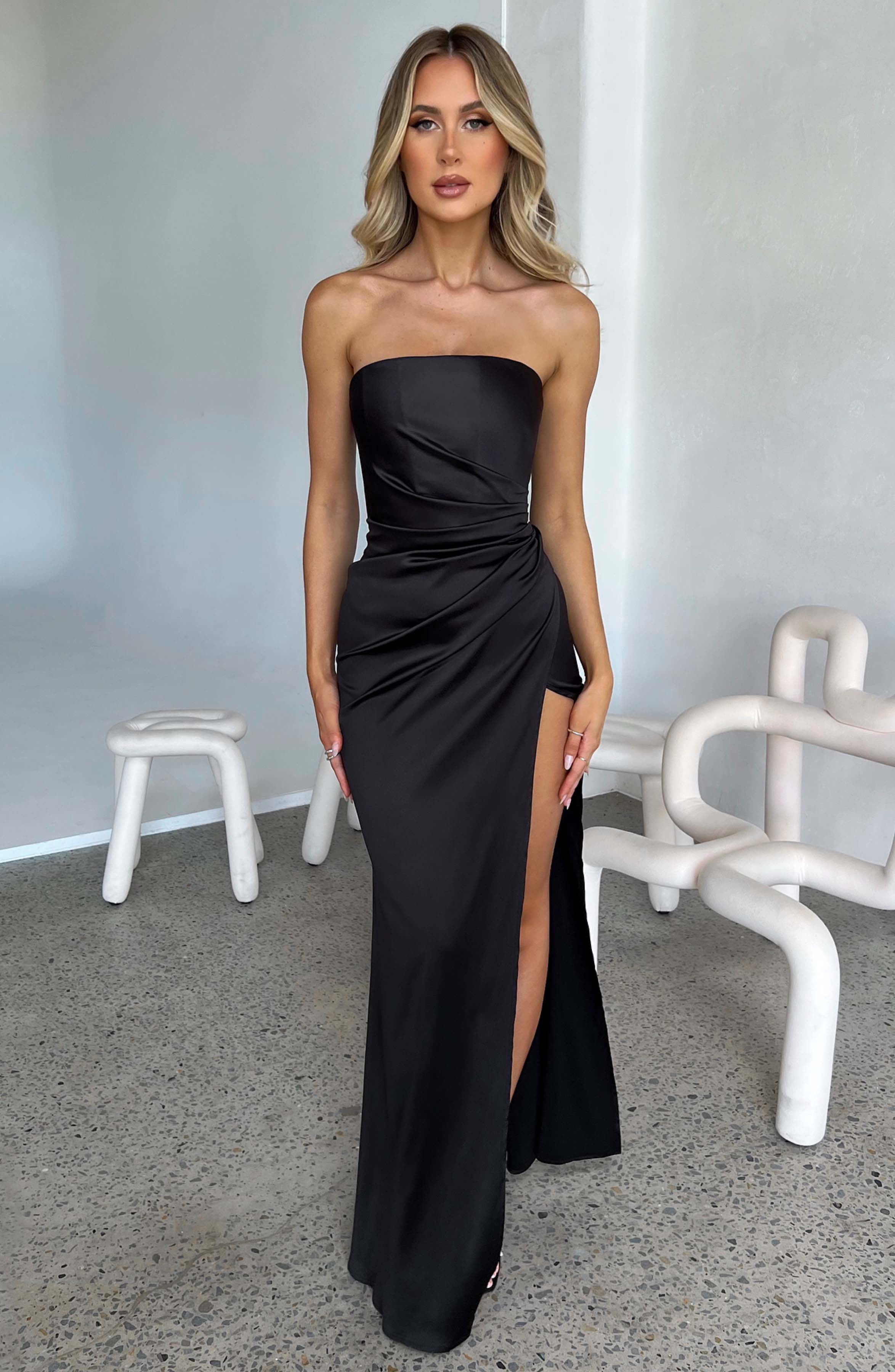Safiya Black Satin Maxi Dress with Thigh Split & Corset