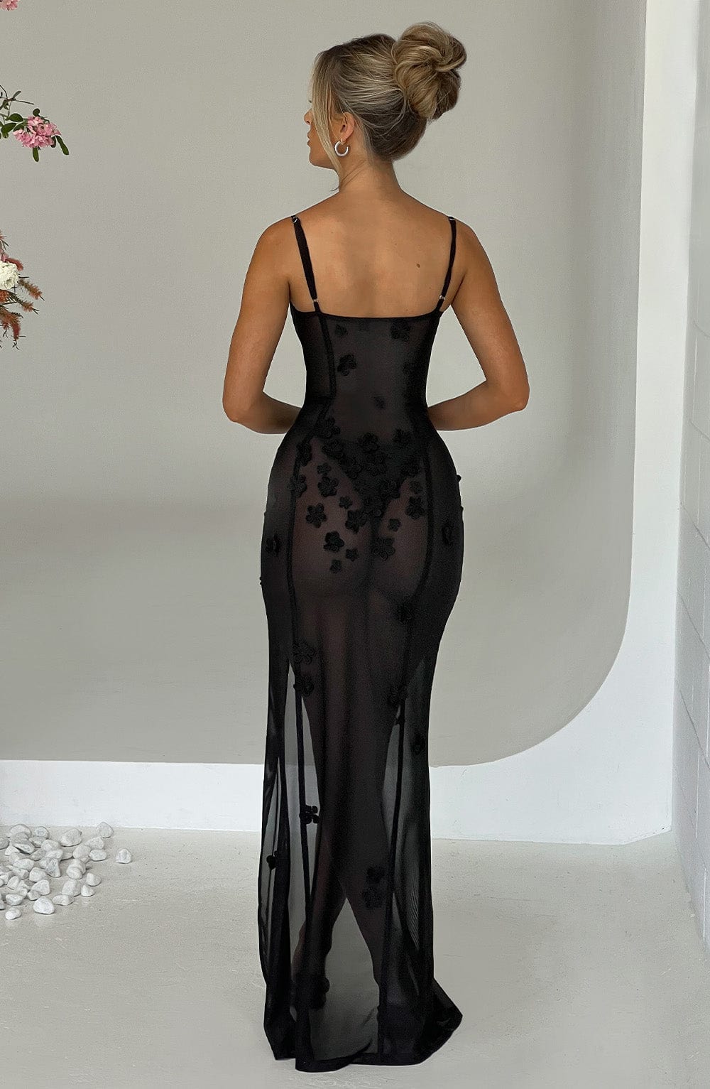 Dalary Black Floral Mesh Maxi Dress with Thigh Split
