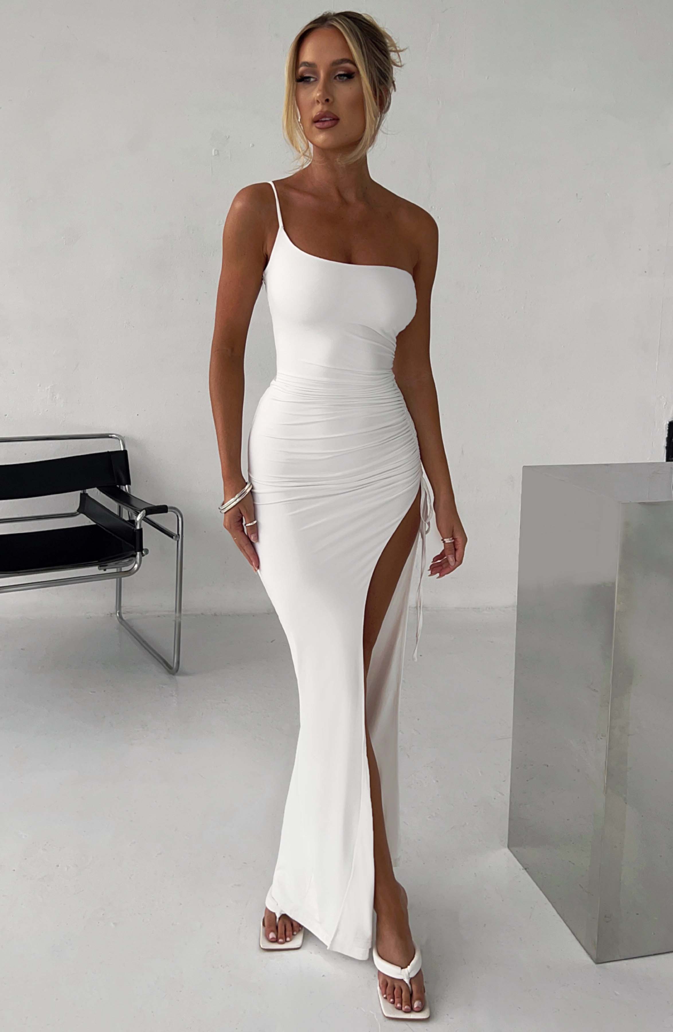 Zuri One Shoulder Ruched Maxi Dress with Thigh Split - White