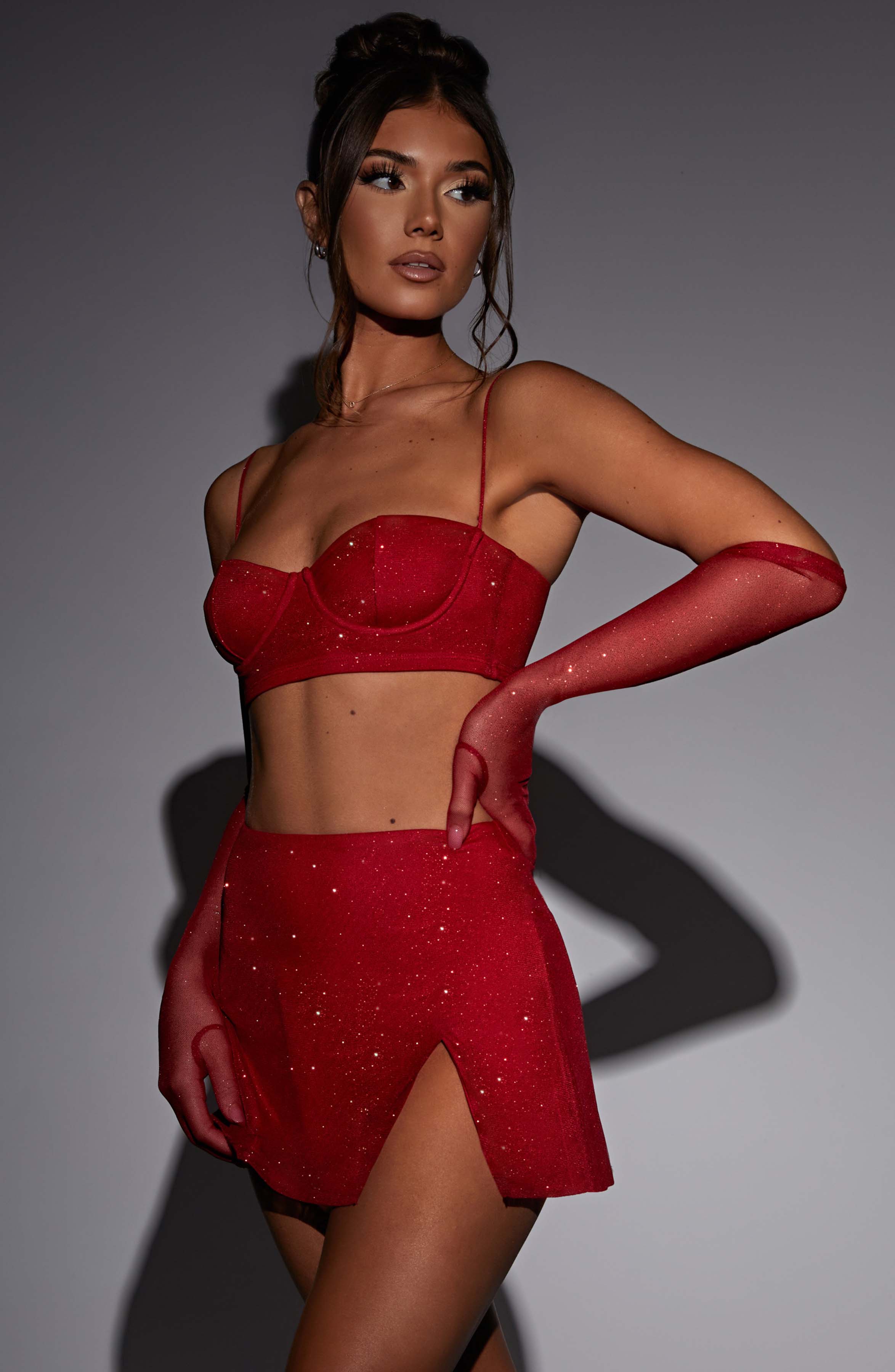 Red Sparkle Posie Mini Skirt - High Waisted Bodycon with Leg Split