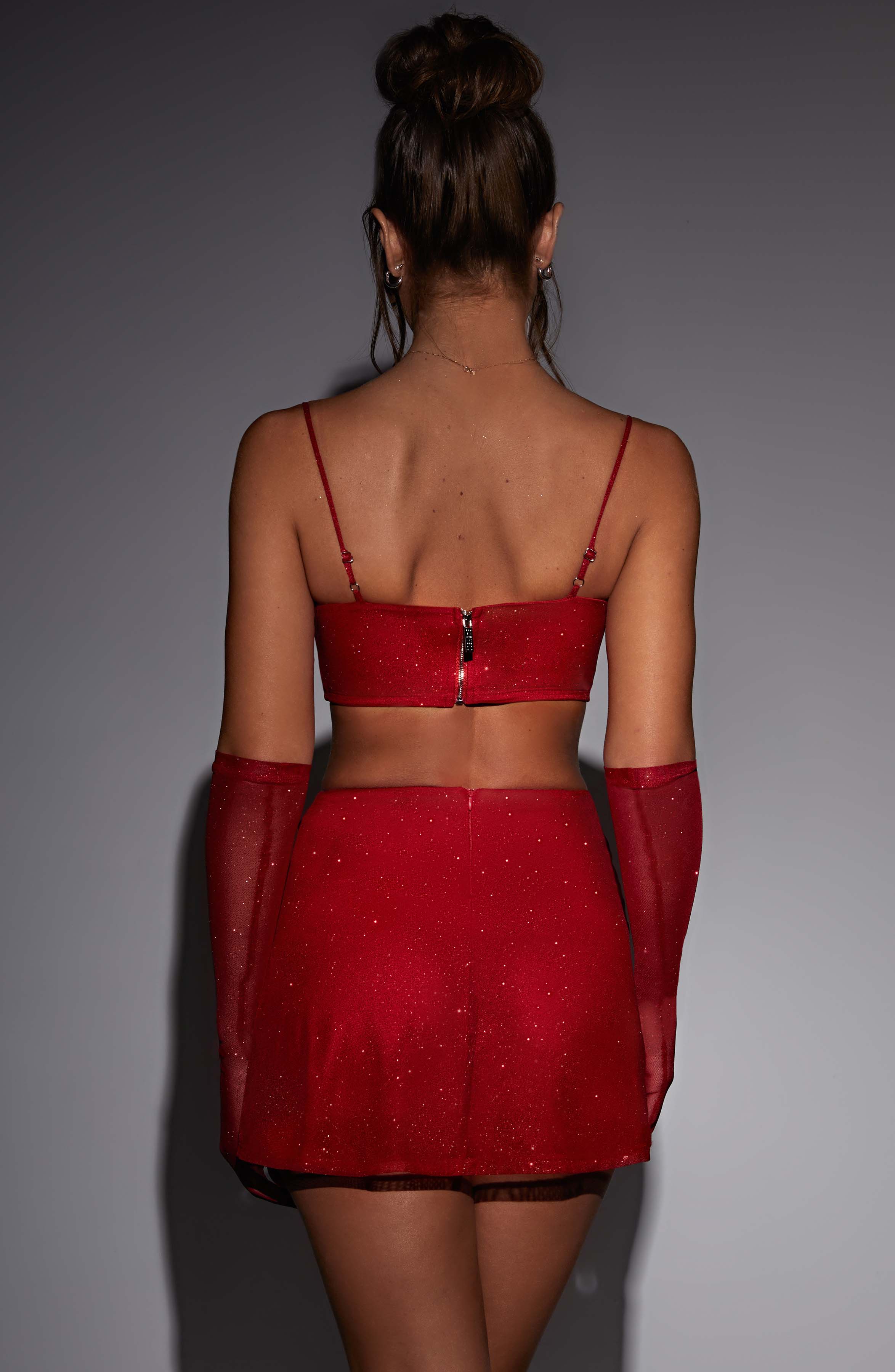 Red Sparkle Posie Mini Skirt - High Waisted Bodycon with Leg Split