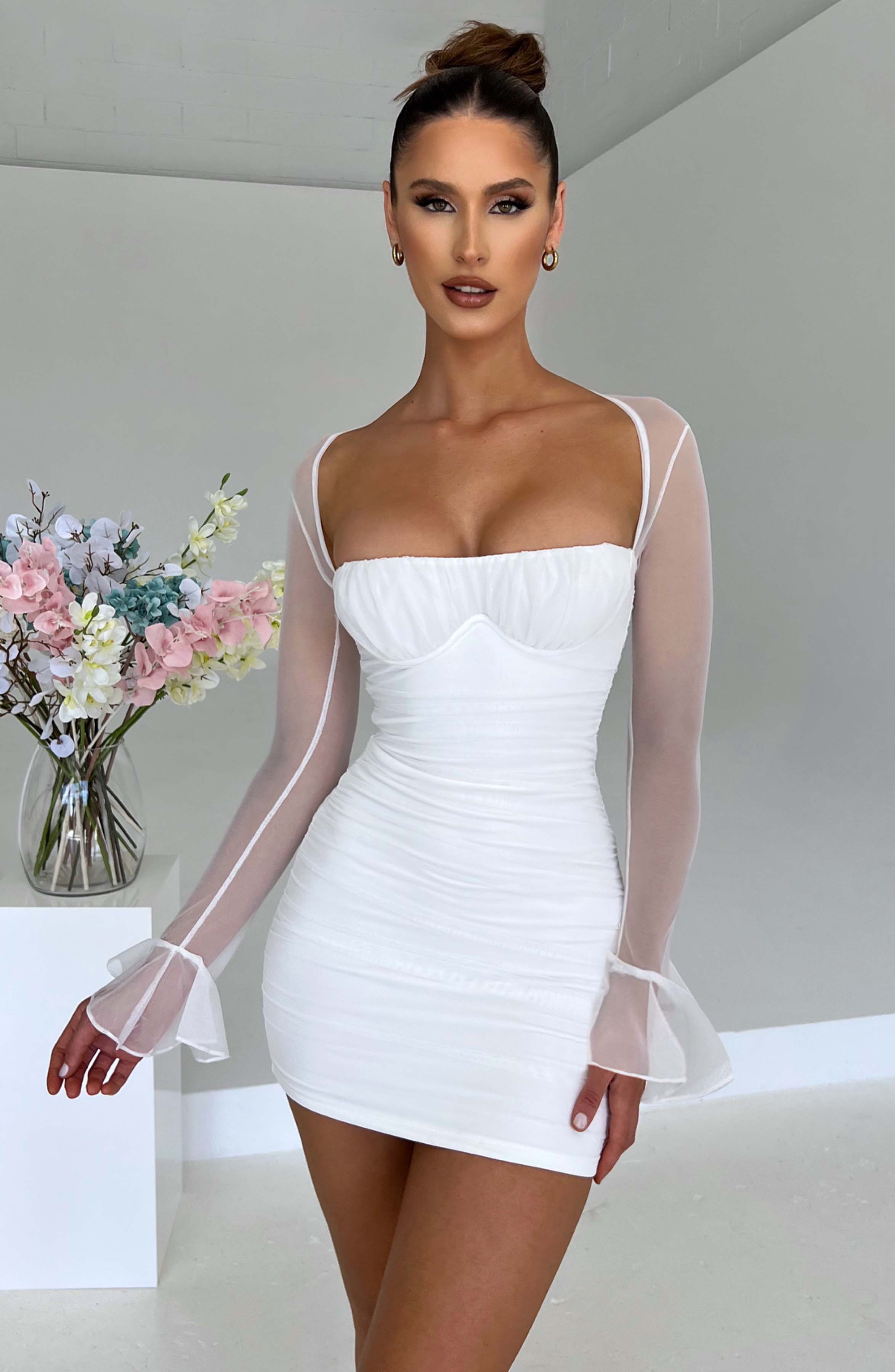Brea White Mini Dress - Ruched Mesh with Underwired Bust & Long Sleeves