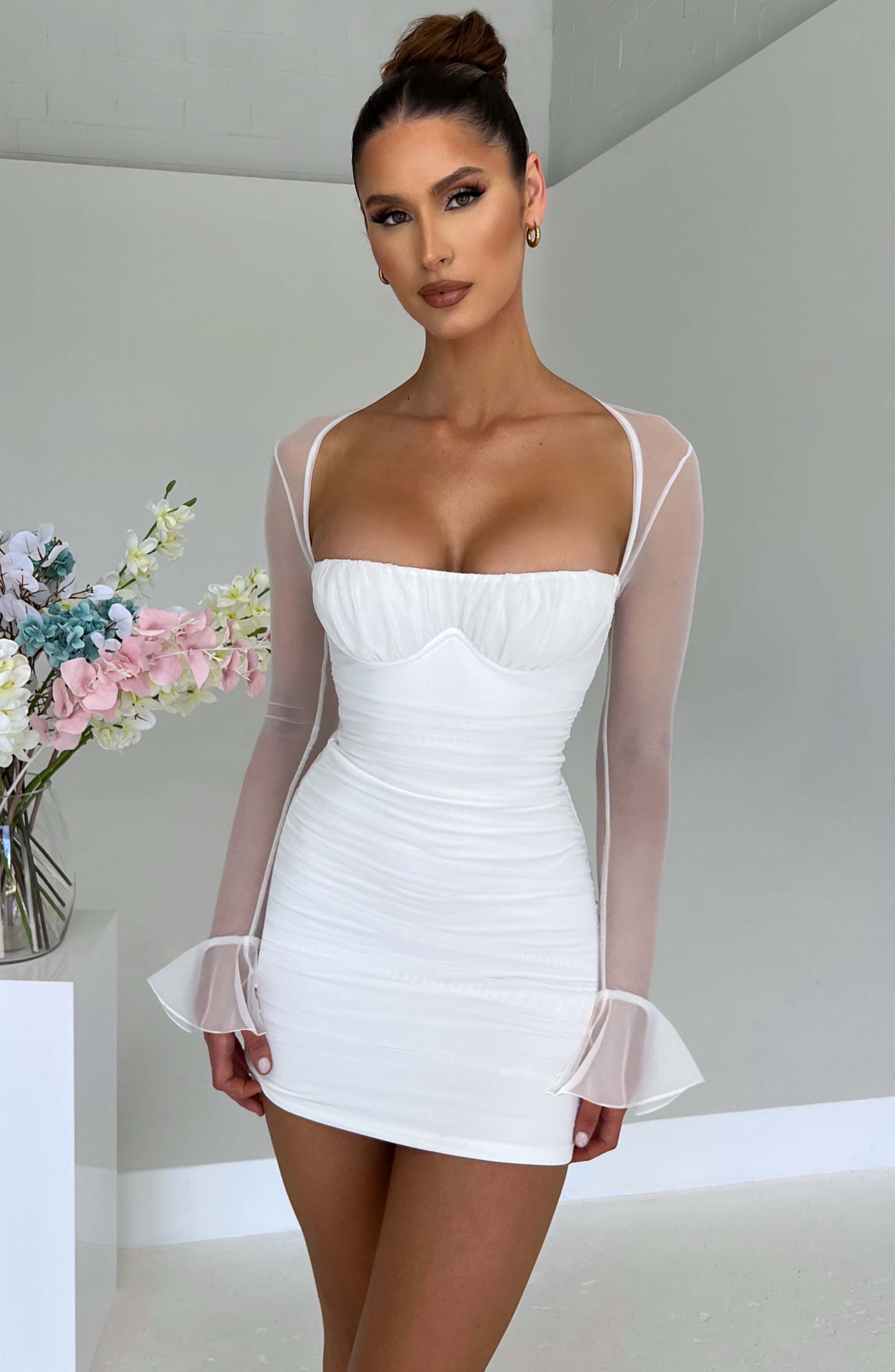 Brea White Mini Dress - Ruched Mesh with Underwired Bust & Long Sleeves