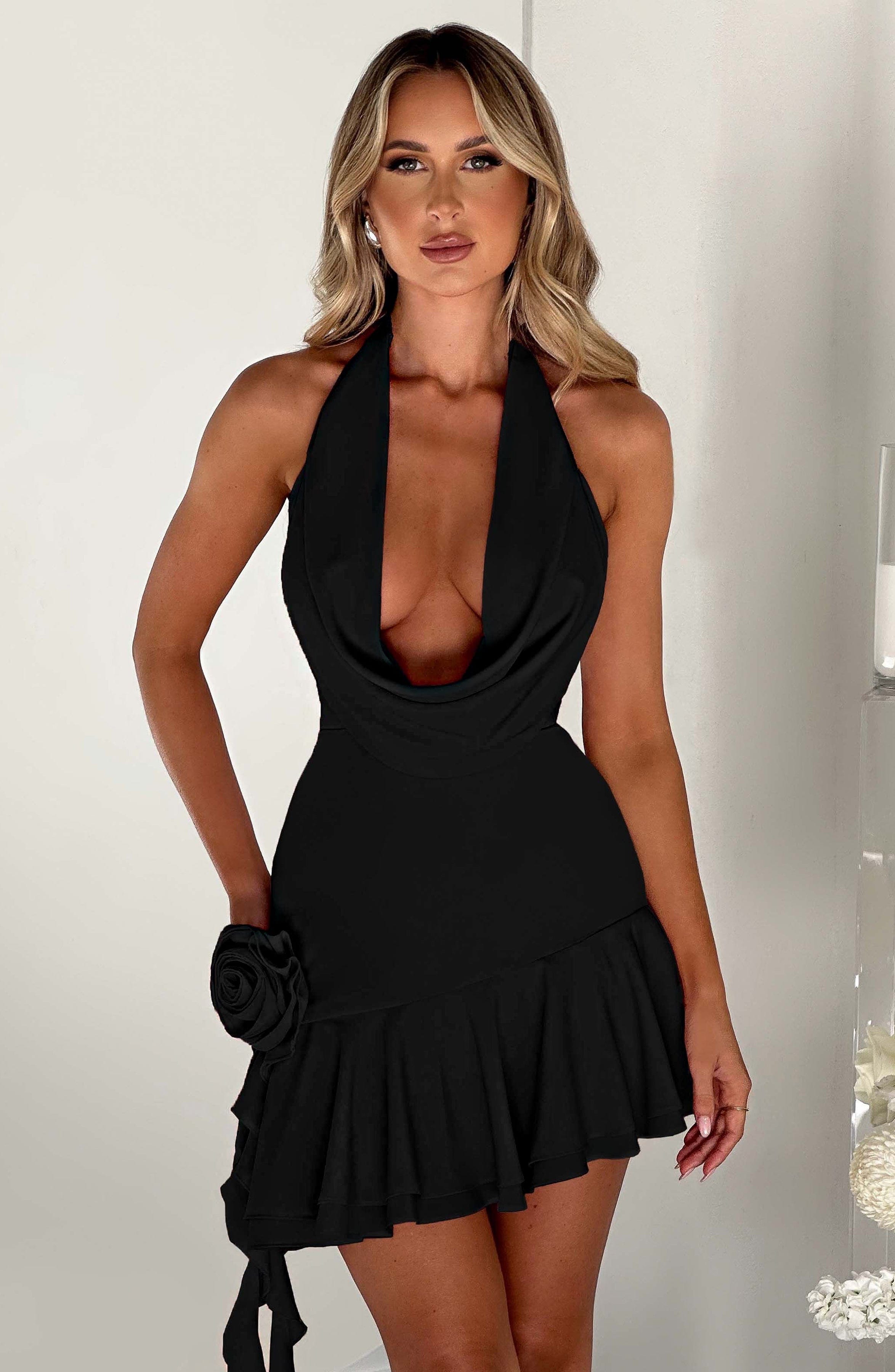 Black Cowl Neck Mini Dress with Asymmetric Hem & Ruffles - Tash