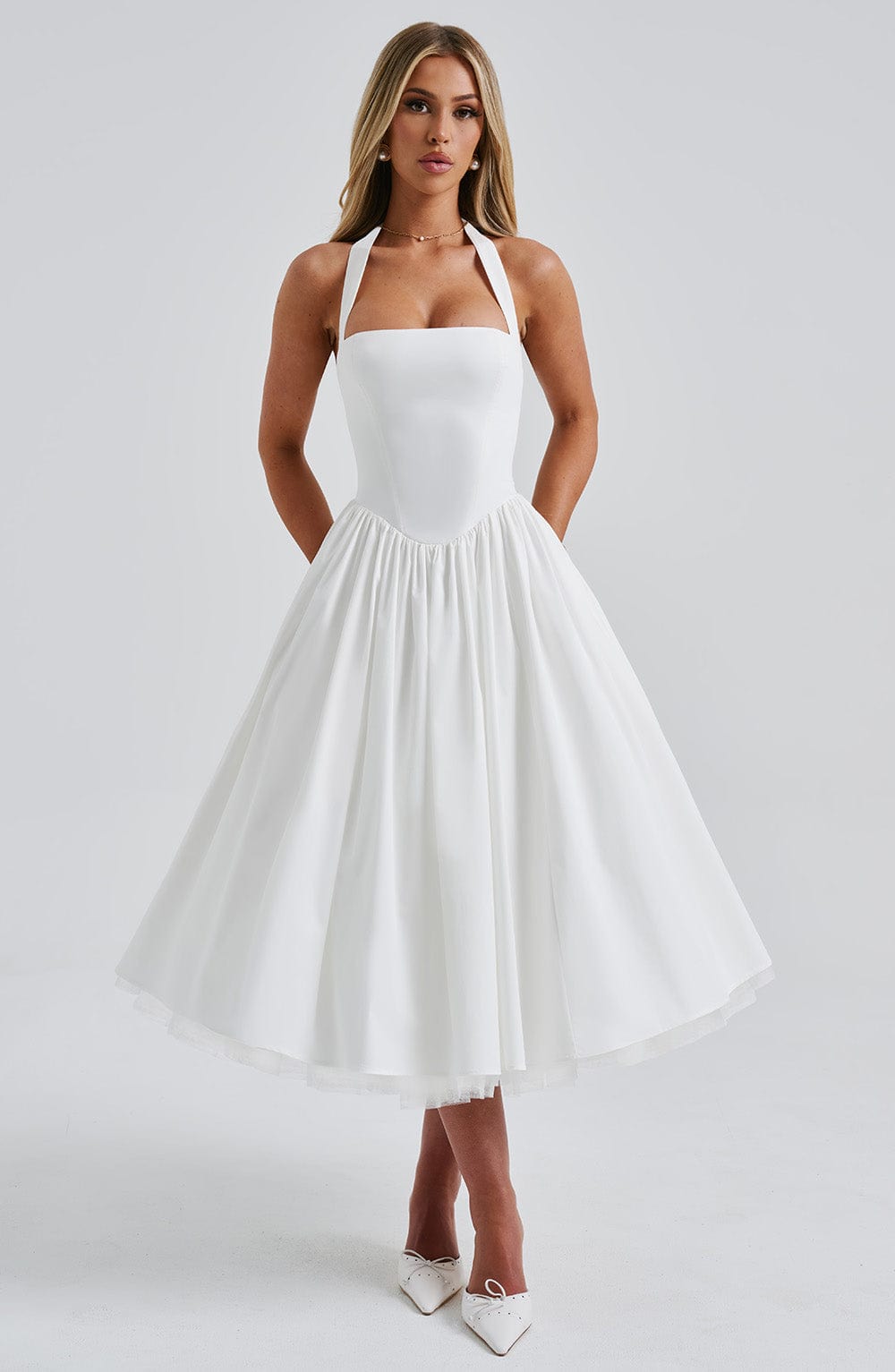 Ivory Cressida Halter Neck Midi Dress with Tulle Skirt