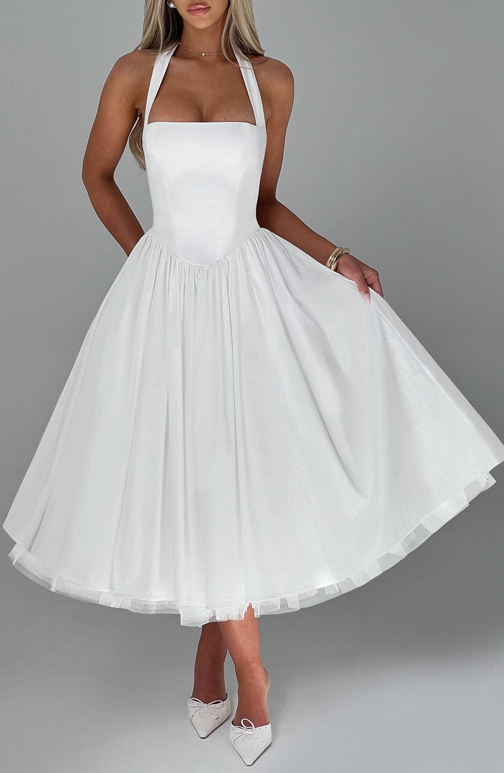 Ivory Cressida Halter Neck Midi Dress with Tulle Skirt