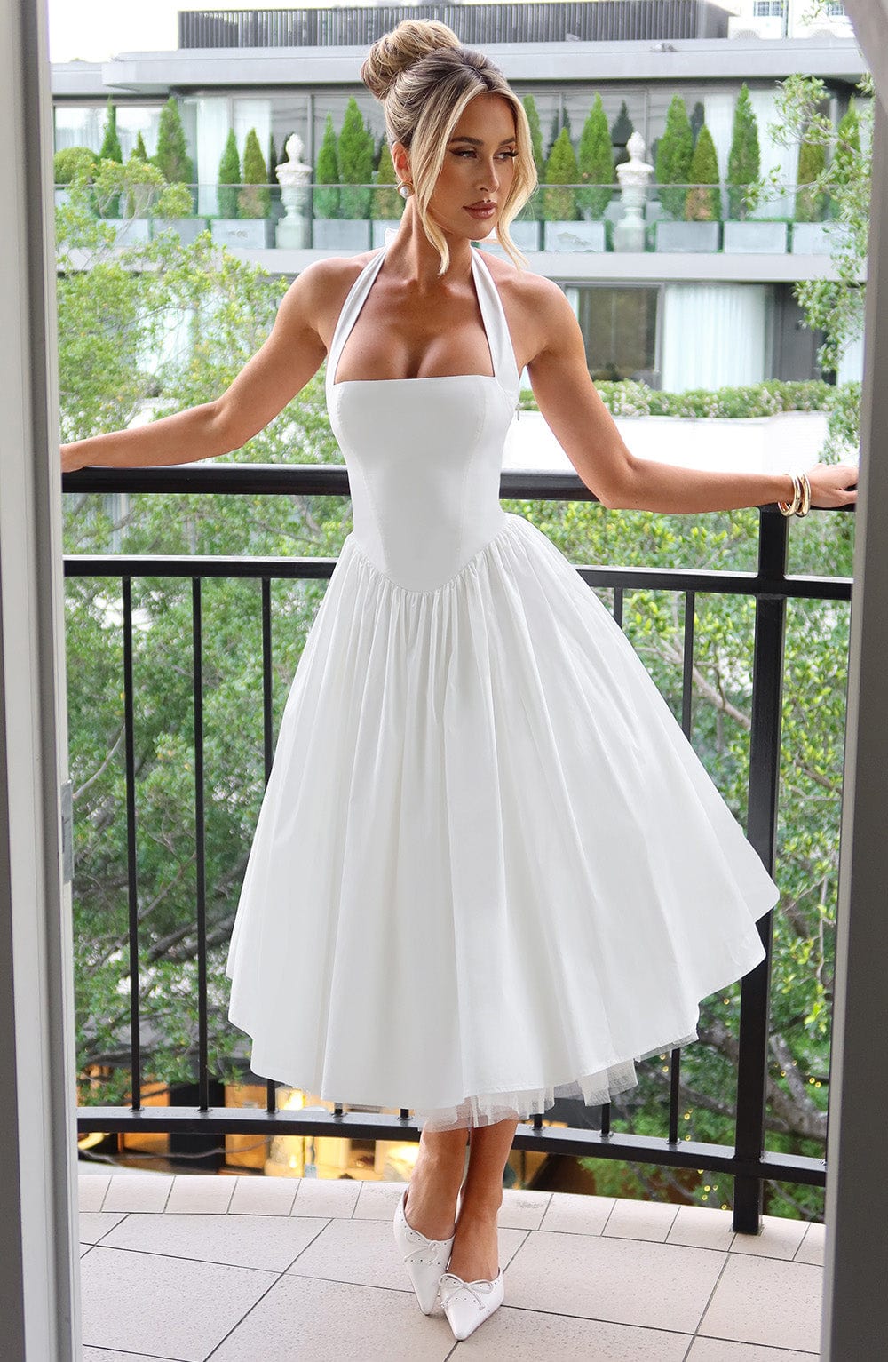 Ivory Cressida Halter Neck Midi Dress with Tulle Skirt