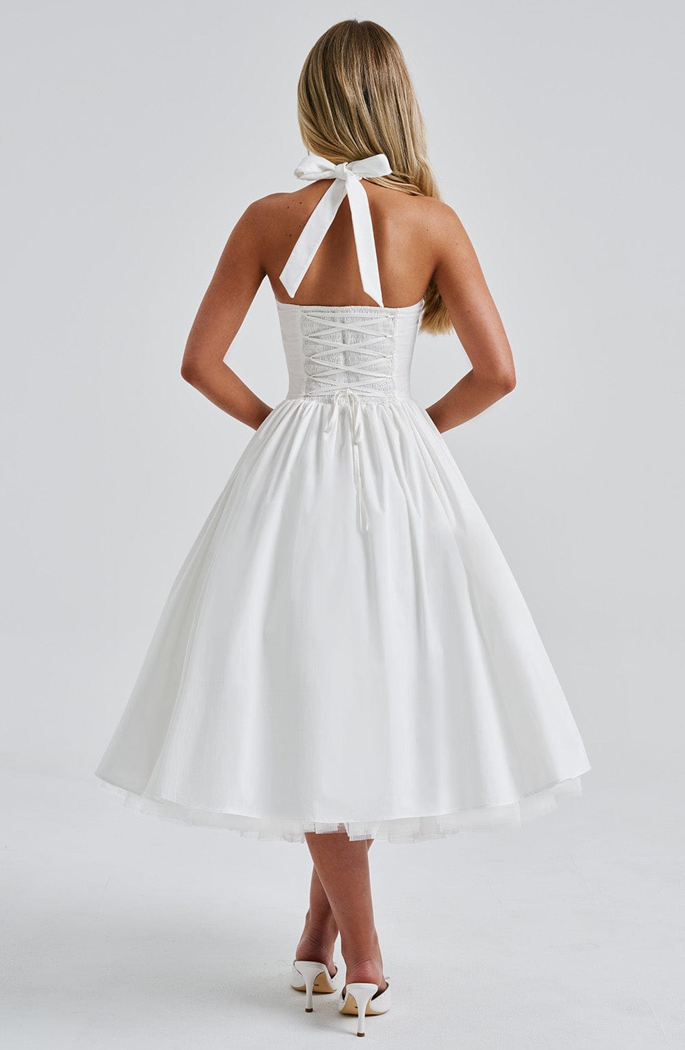 Ivory Cressida Halter Neck Midi Dress with Tulle Skirt