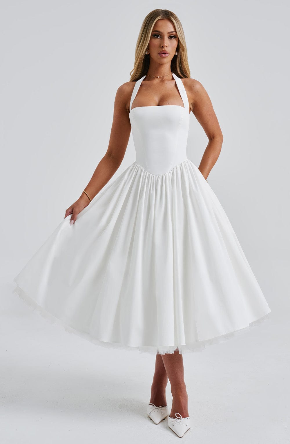 Ivory Cressida Halter Neck Midi Dress with Tulle Skirt