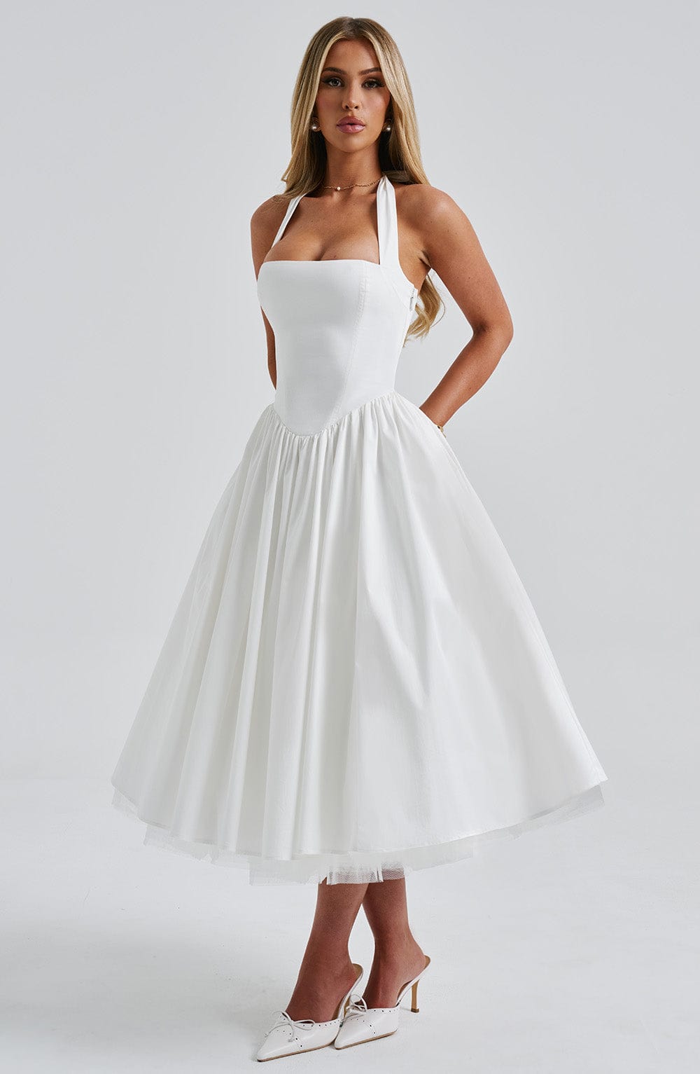 Ivory Cressida Halter Neck Midi Dress with Tulle Skirt