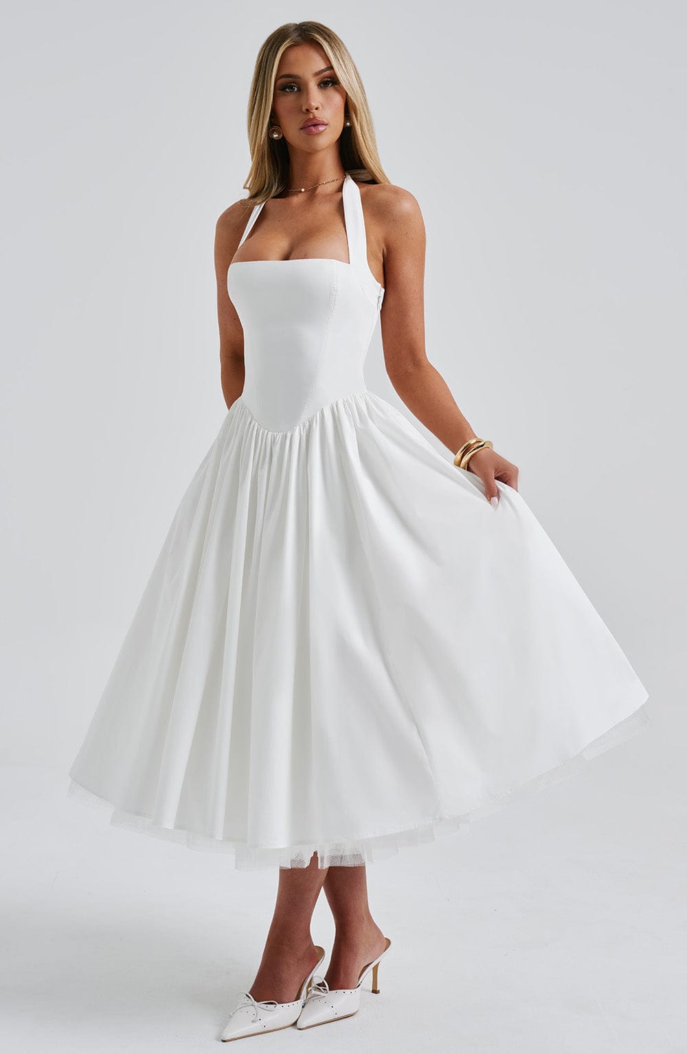 Ivory Cressida Halter Neck Midi Dress with Tulle Skirt