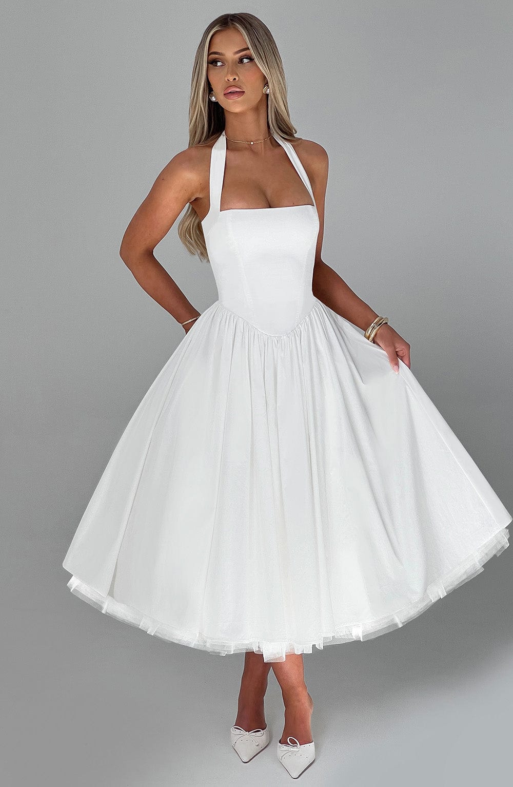 Ivory Cressida Halter Neck Midi Dress with Tulle Skirt