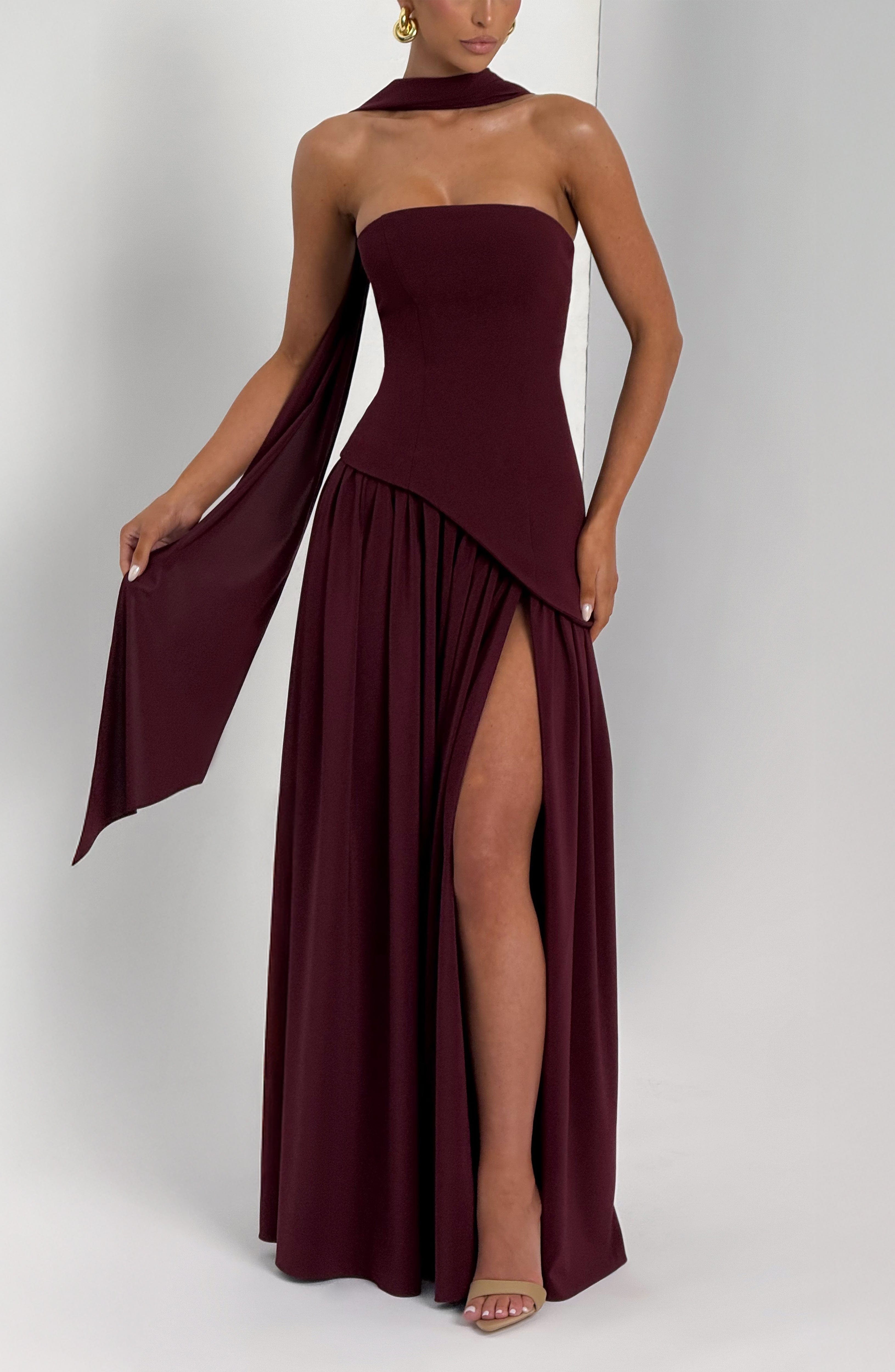Cherry Lacquer Maliyah Maxi Dress with Chiffon Skirt & Lace-Up Back