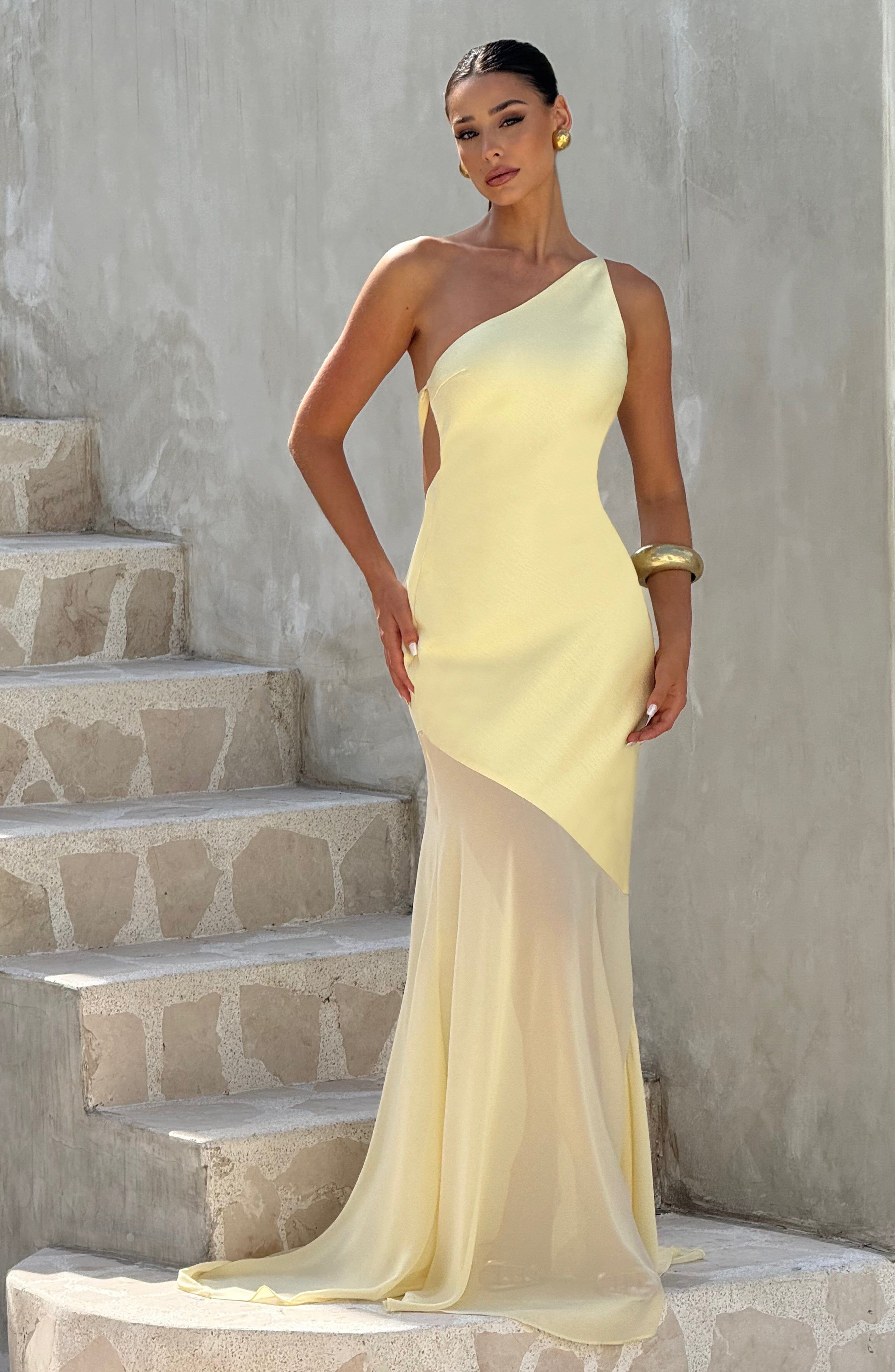 Lemon Fable Gown - Asymmetric Neckline & Open Back Maxi Dress