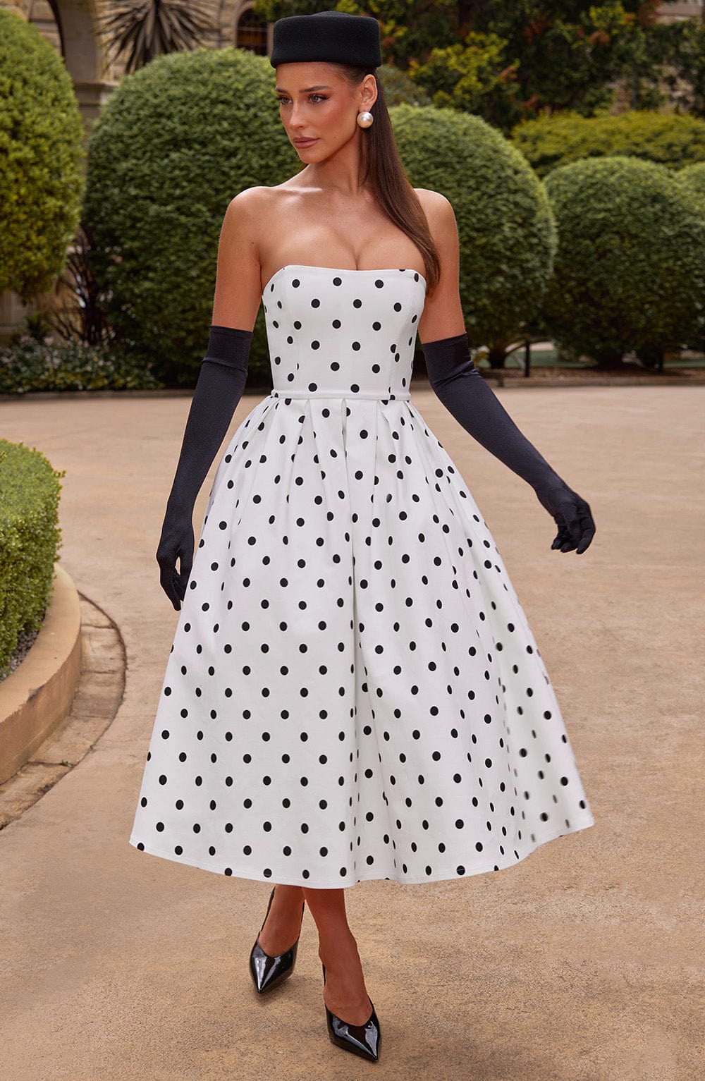 Vintage Polka Dot Edith Midi Dress - Strapless Black Dress
