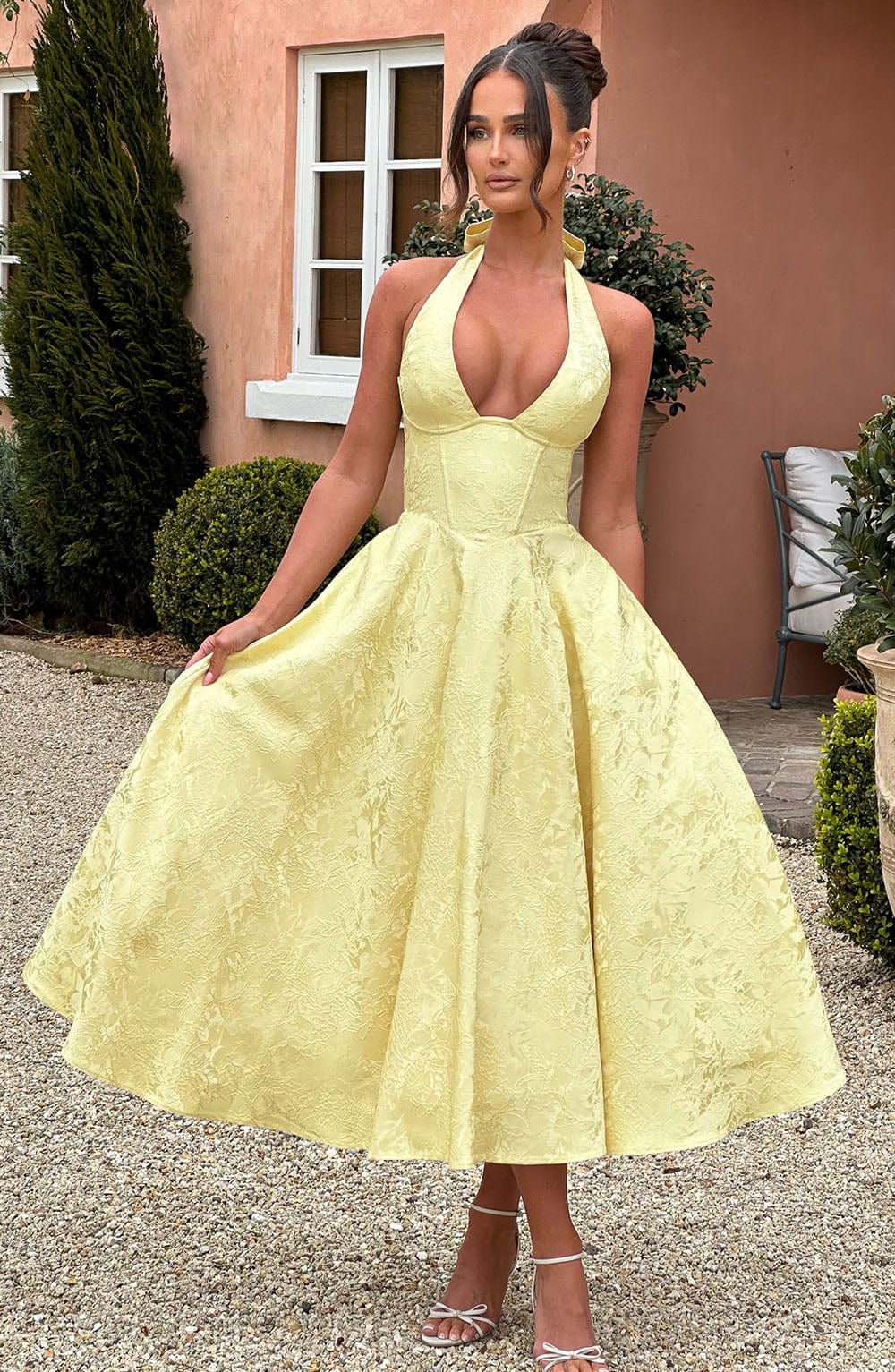 Effie Floral Jacquard Midi Dress with Lace-Up Back - Lemon