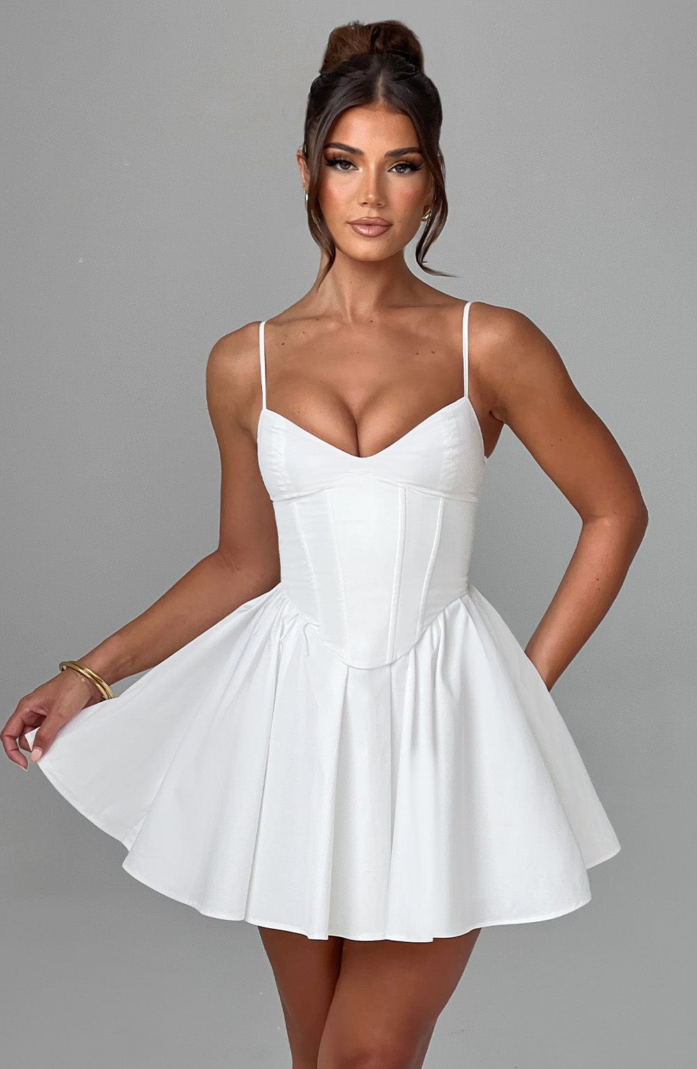 Analeigh Corset Mini Dress with Lace-Up Back - Ivory Cotton Blend